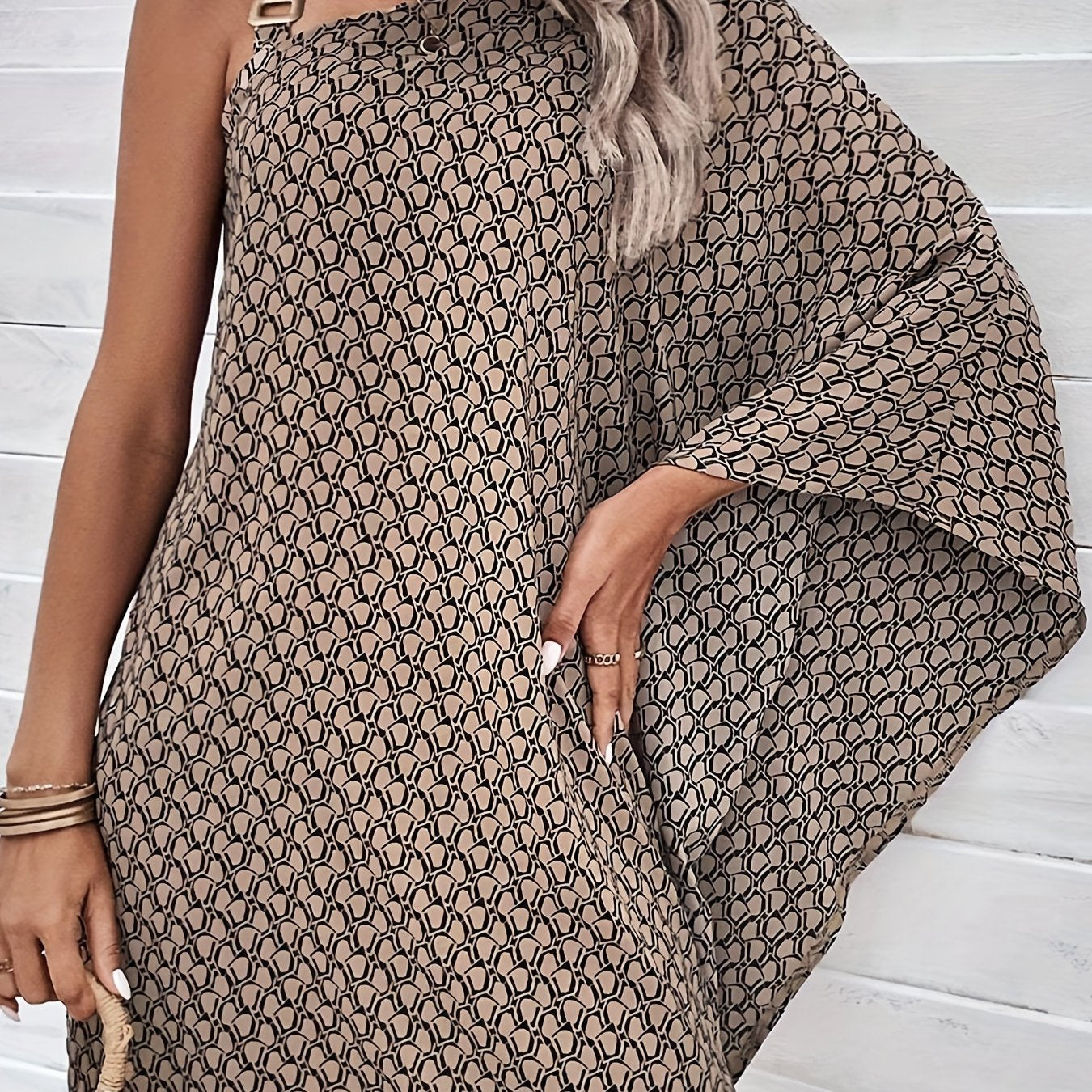 Allover Print Asymmetrical Dress, Casual Batwing Sleeve Chain Dress, Women's Clothing