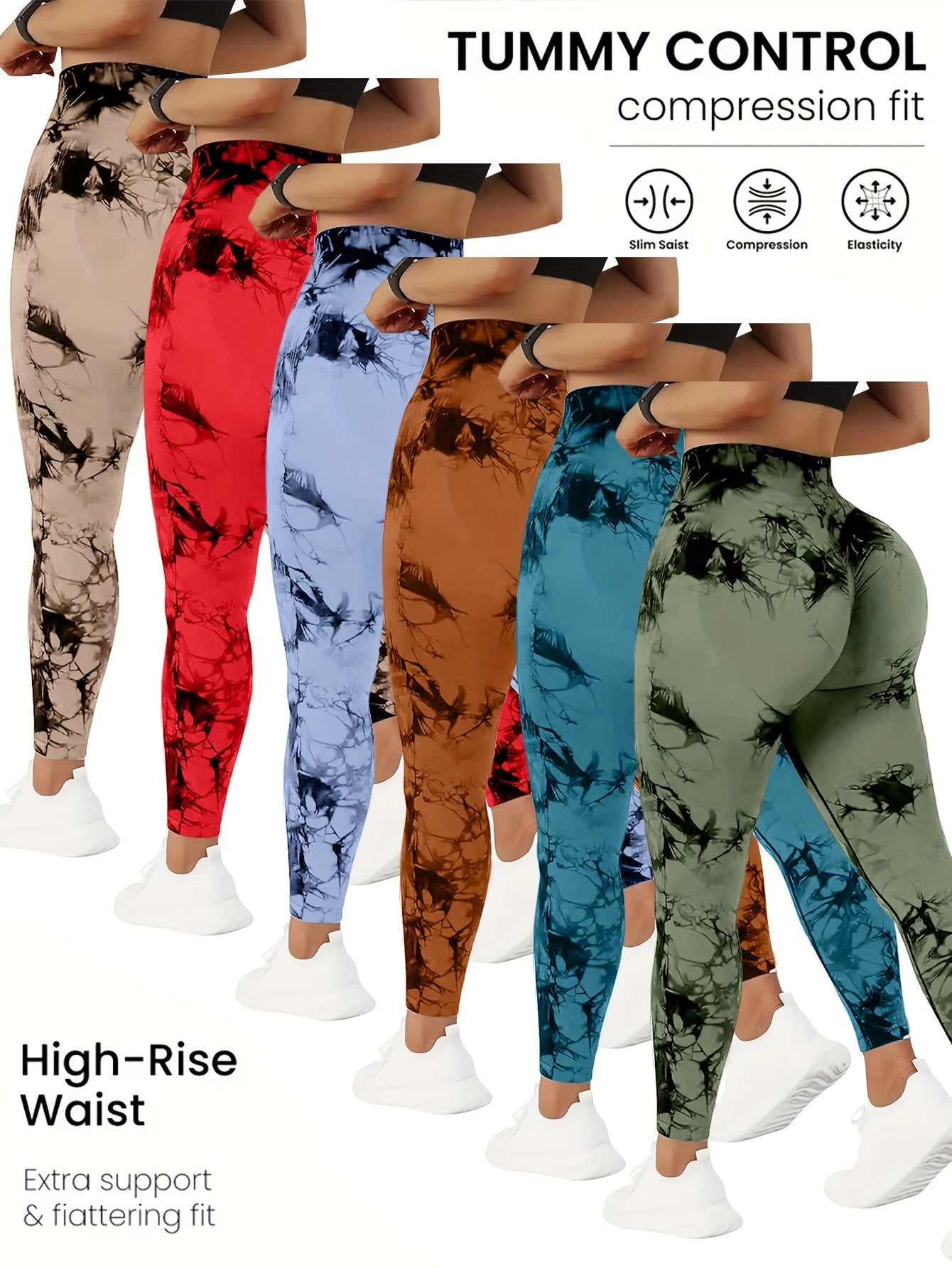 QGU 6 pcs Tie Dye Flared Yoga Leggings - Seamless Flare Leg Sports Pants - Women's Fashionable Tie Dye Slim Flared Long Pants - Made from Breathable Fabric - Suitable for Yoga, Fitness & Everyday Wear - Perfect Gift for Fashi