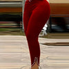 Women's Elegant High-Waisted Slim-Fit Pants with Stylish Eyelet Detailing and Rhinestone Accents, Versatile Red Long Trousers for All Seasons - Polyester, Machine Washable, Ladies Pants