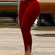 Women's Elegant High-Waisted Slim-Fit Pants with Stylish Eyelet Detailing and Rhinestone Accents, Versatile Red Long Trousers for All Seasons - Polyester, Machine Washable, Ladies Pants