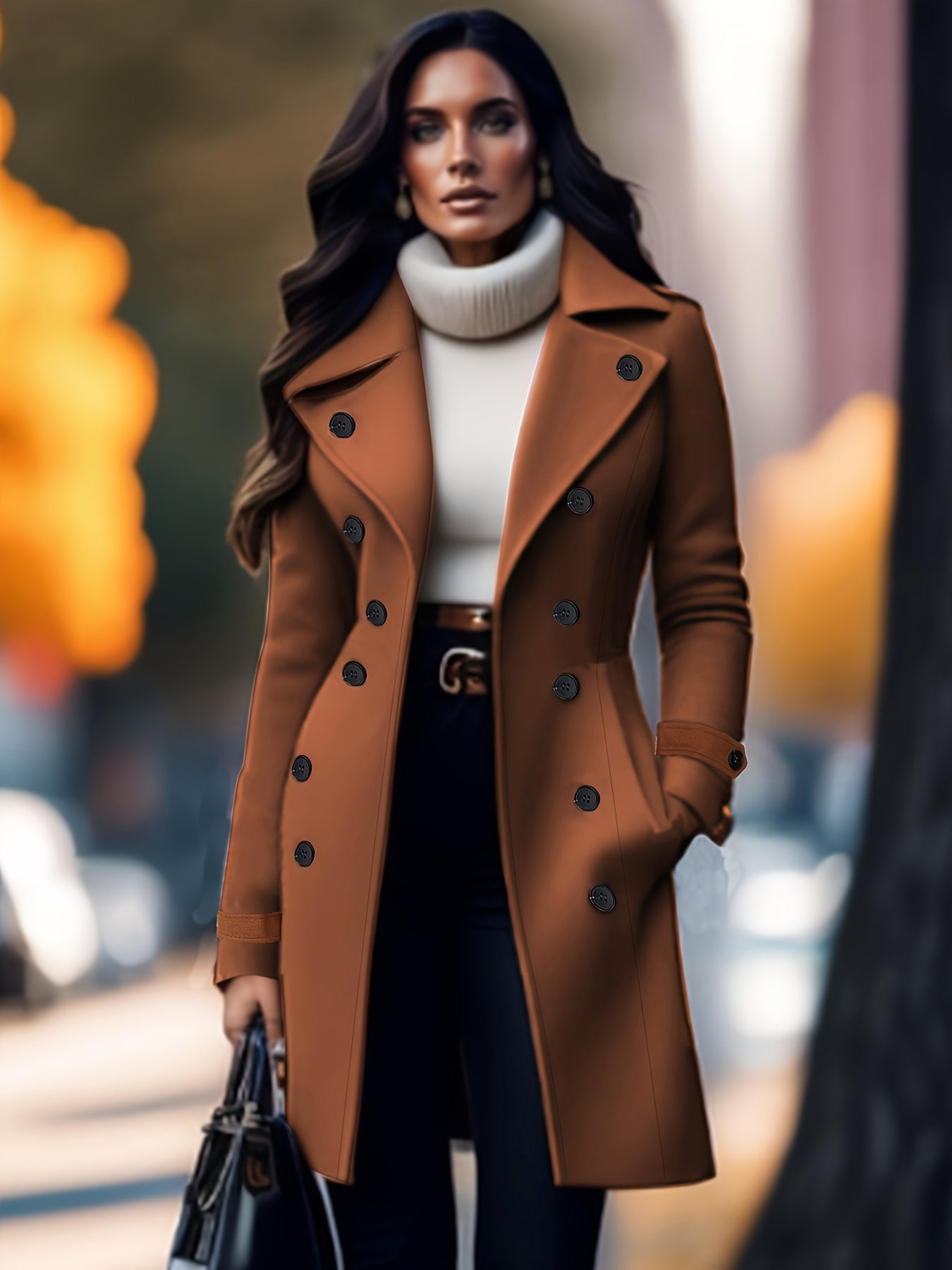 Elegant Solid Color Double-Breasted Overcoat for Women - Polyester, Machine Washable, Non-Stretch Fabric - Perfect for Fall/Winter