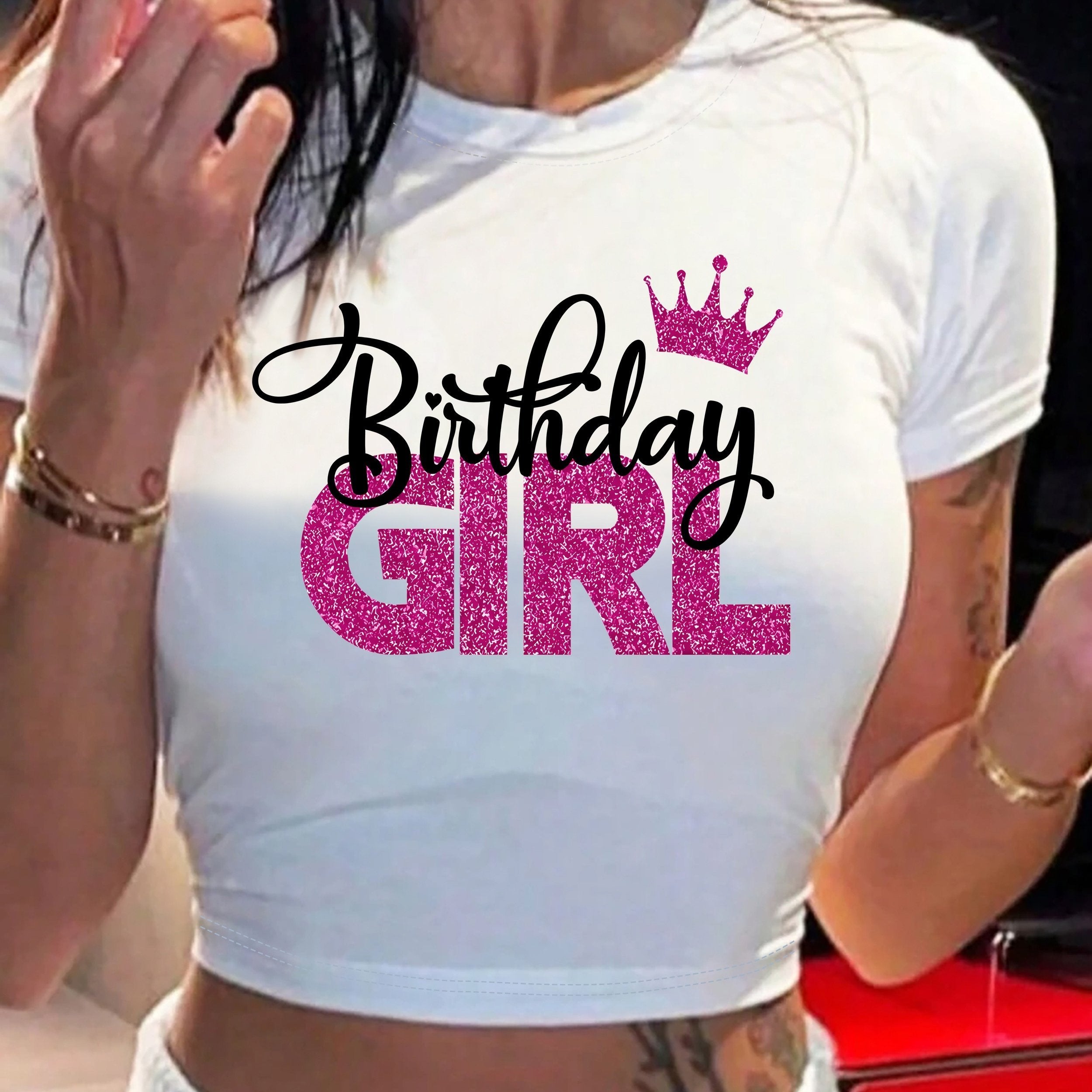 Girl's Birthday Print Crew Neck T-shirt, Casual Short Sleeve Crop Top For Spring & Summer, Women's Clothing