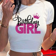 Girl's Birthday Print Crew Neck T-shirt, Casual Short Sleeve Crop Top For Spring & Summer, Women's Clothing