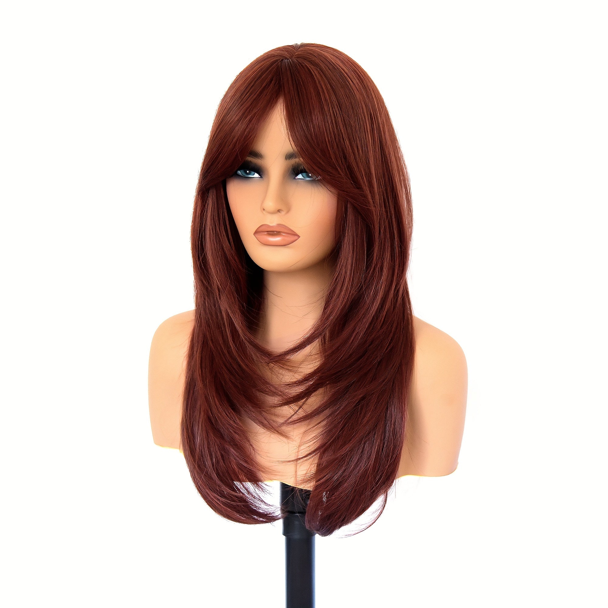 Glueless Synthetic Wigs For Women, Natural Straight Layered Wigs With Bangs, Copper Red Wigs, Brown Wigs, 20 Inches Shoulder Length