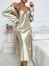 Women's Luxurious Silky Pajama Set - Soft Long Sleeve Robe, Comfortable Relaxed Fit Slip Dress, Elegant Contrast Binding, Cozy Lounge Wear for Sleeping, Relaxation, and Leisure