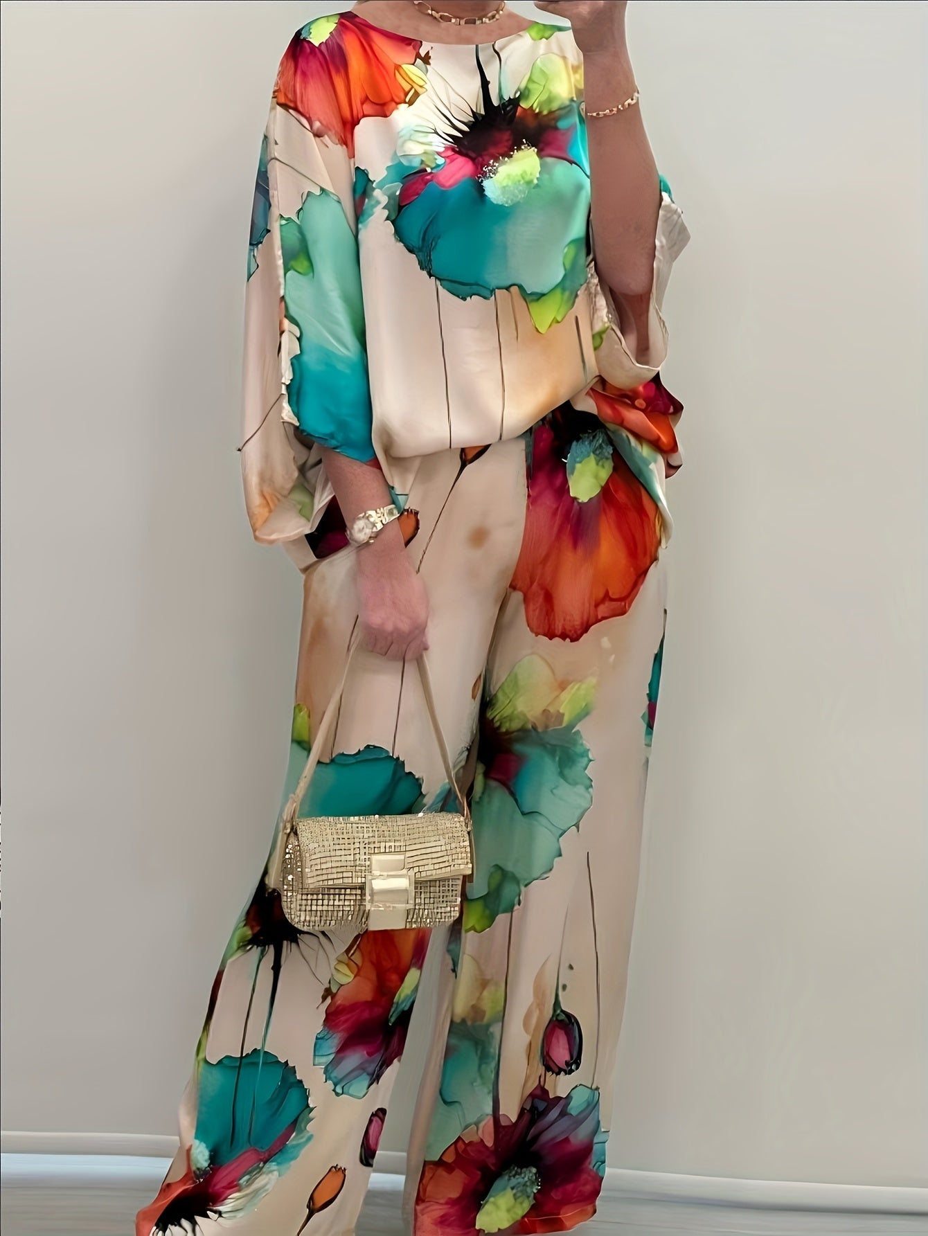 2025 Women's Spring Casual Floral Print Two-Piece Set with Summer T-Shirt and Wide-Leg Pants Fashionable Outfit