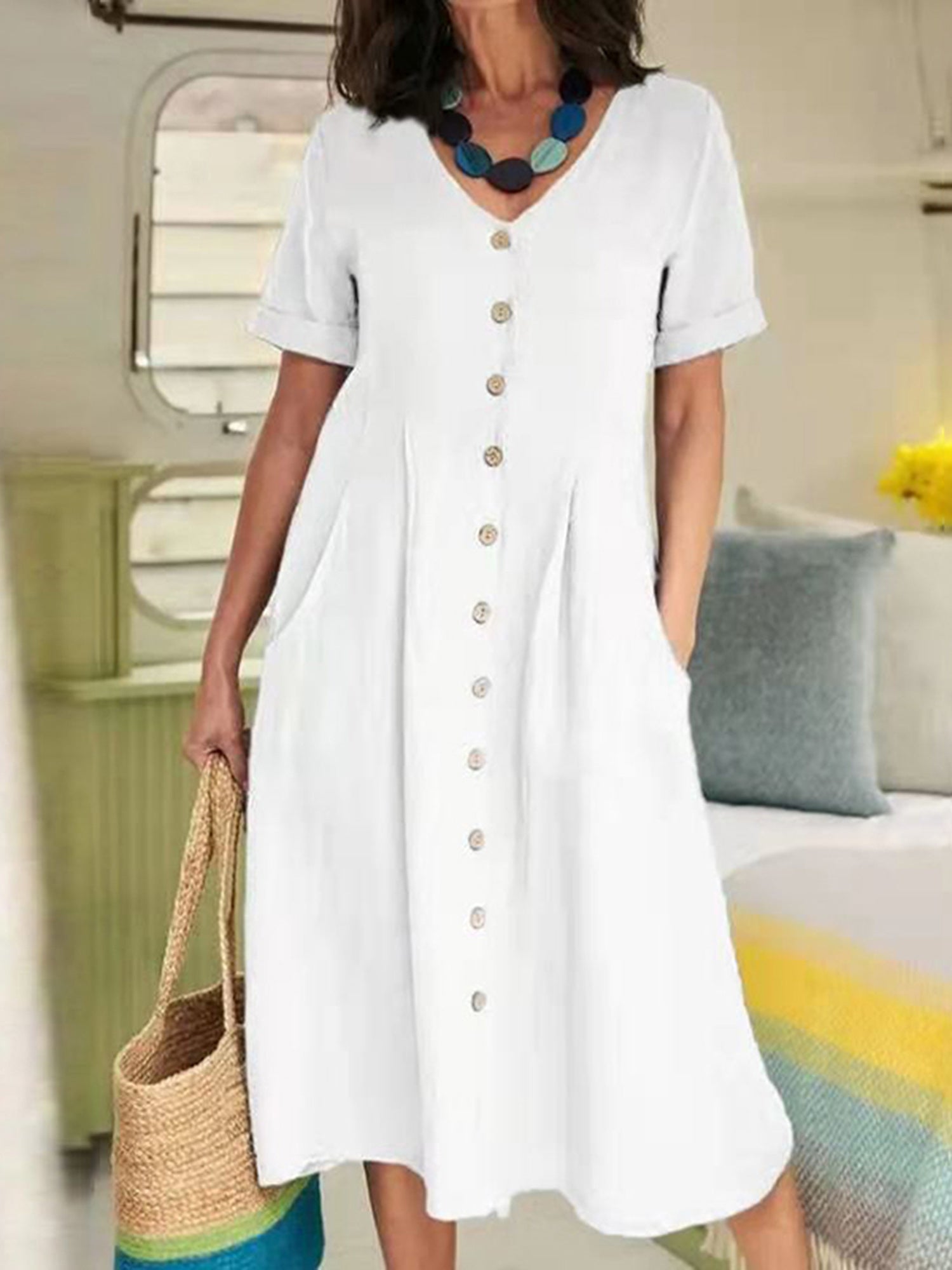 Ladies' Summer Casual Button Mini Dress, Pleated Short-Sleeved Solid Color Loose High-Waisted And Linen Dress