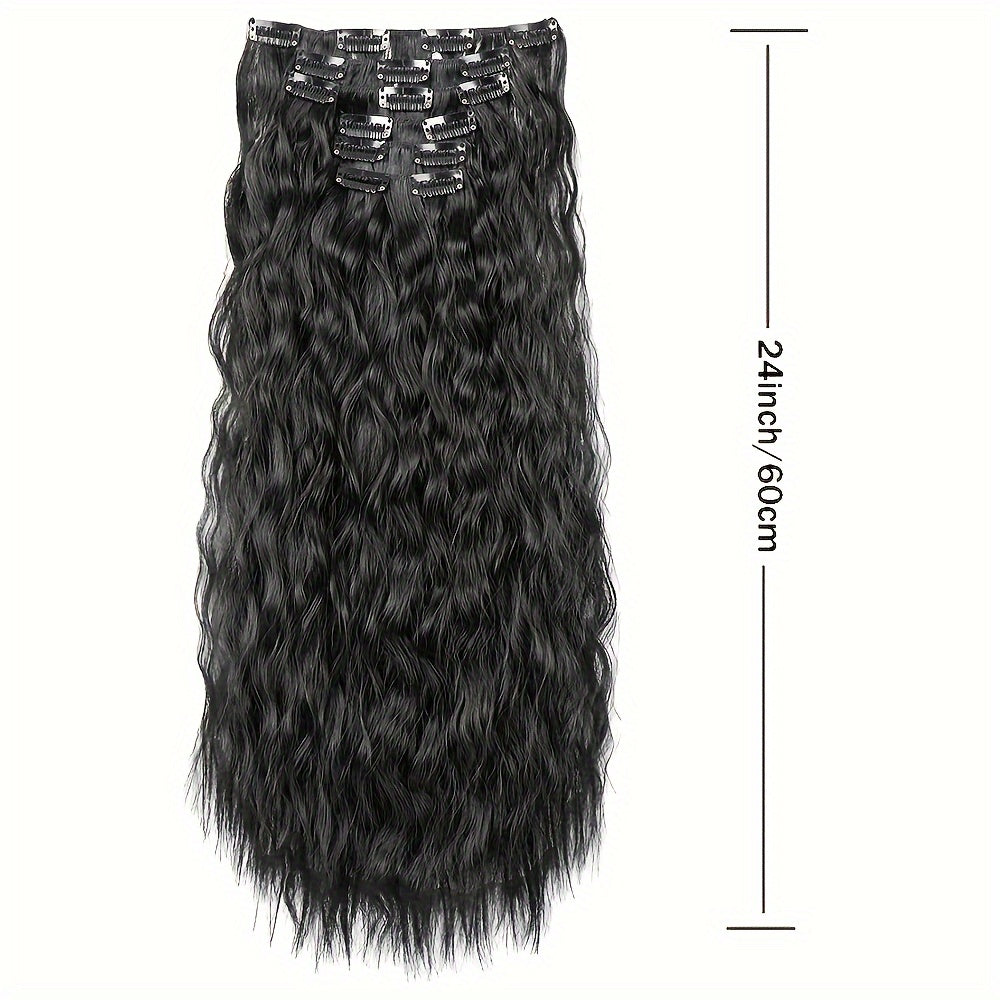 16 Thick Black Hair Clips for Synthetic Curls, Completely Soft And Invisible Fiber Hair Extensions, 24 Inches Long.