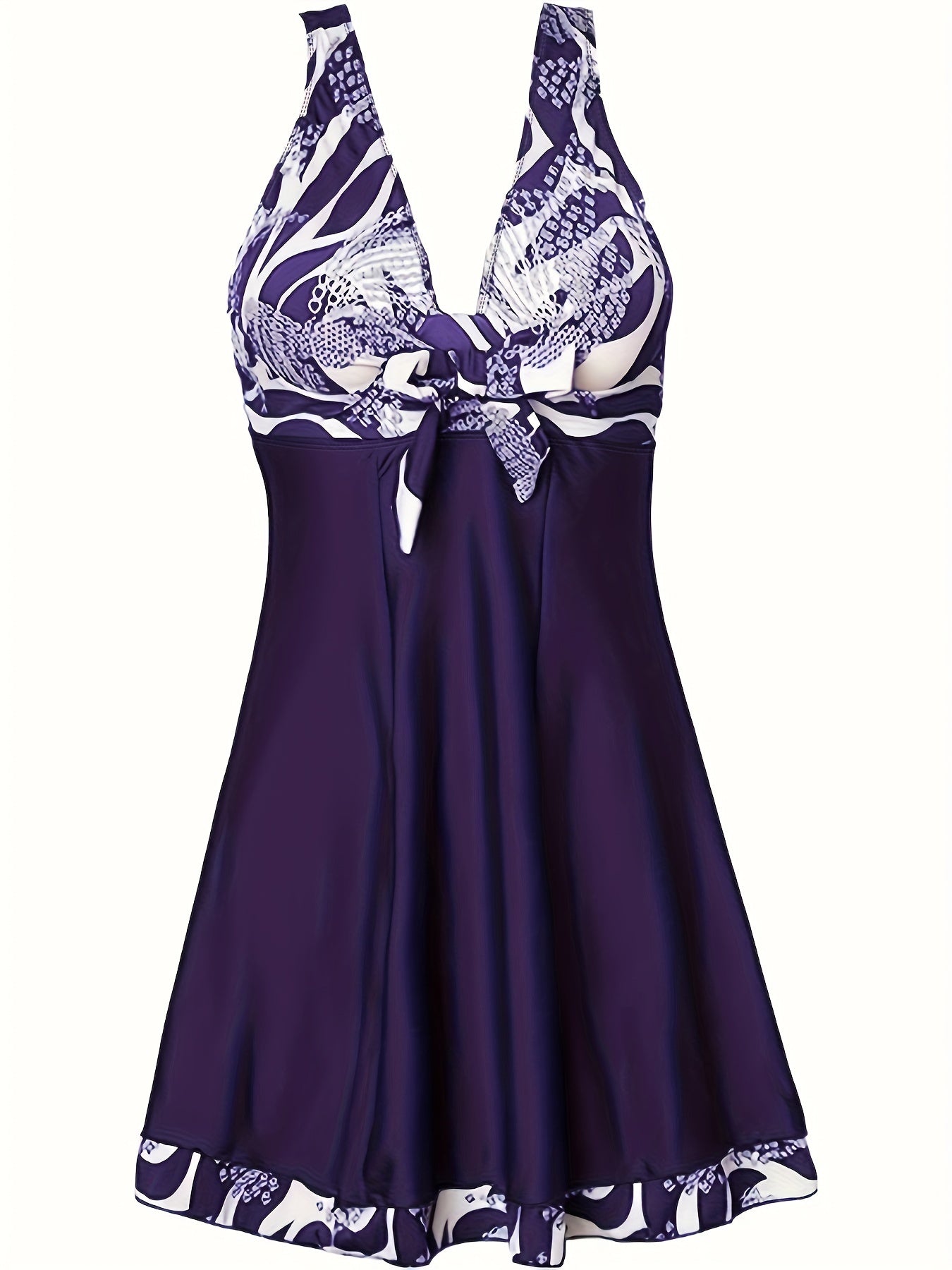 Women's Random Print One-Piece Swimsuit – V-Neck Swim Dress with Bow Detail, High-Stretch Navy Blue Bathing Suit