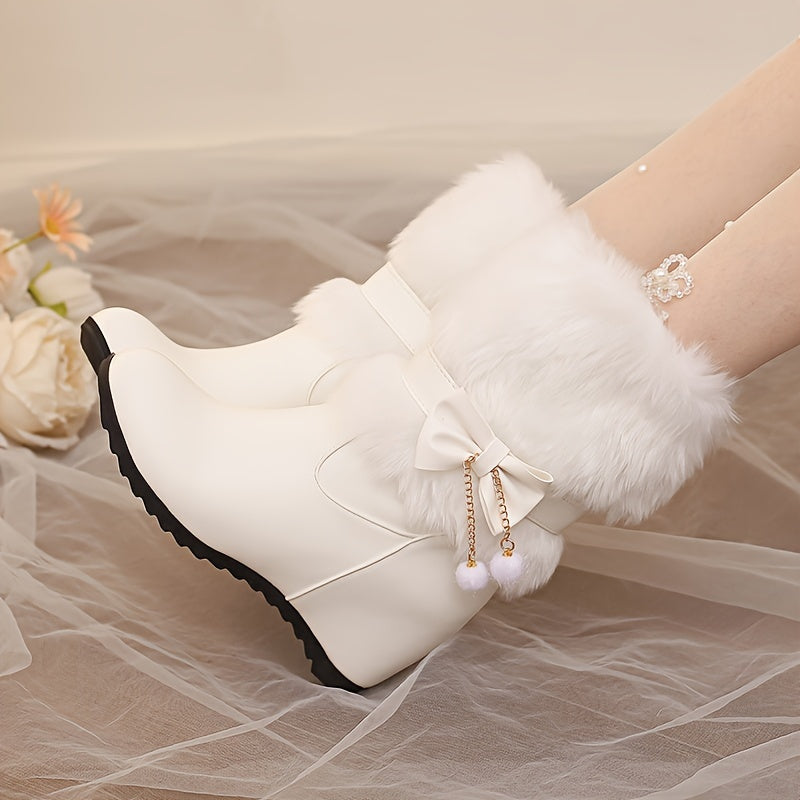 Women's Autumn and Winter Fashion Elegant Sweet College Princess Bow Artificial Ball Tassel One-Shoulder Boots, Mary Jane Solid Color Fluffy Faux Fur Wedge Heels, Multifunctional Outdoor Casual Comfortable Warm High Heel Shoe