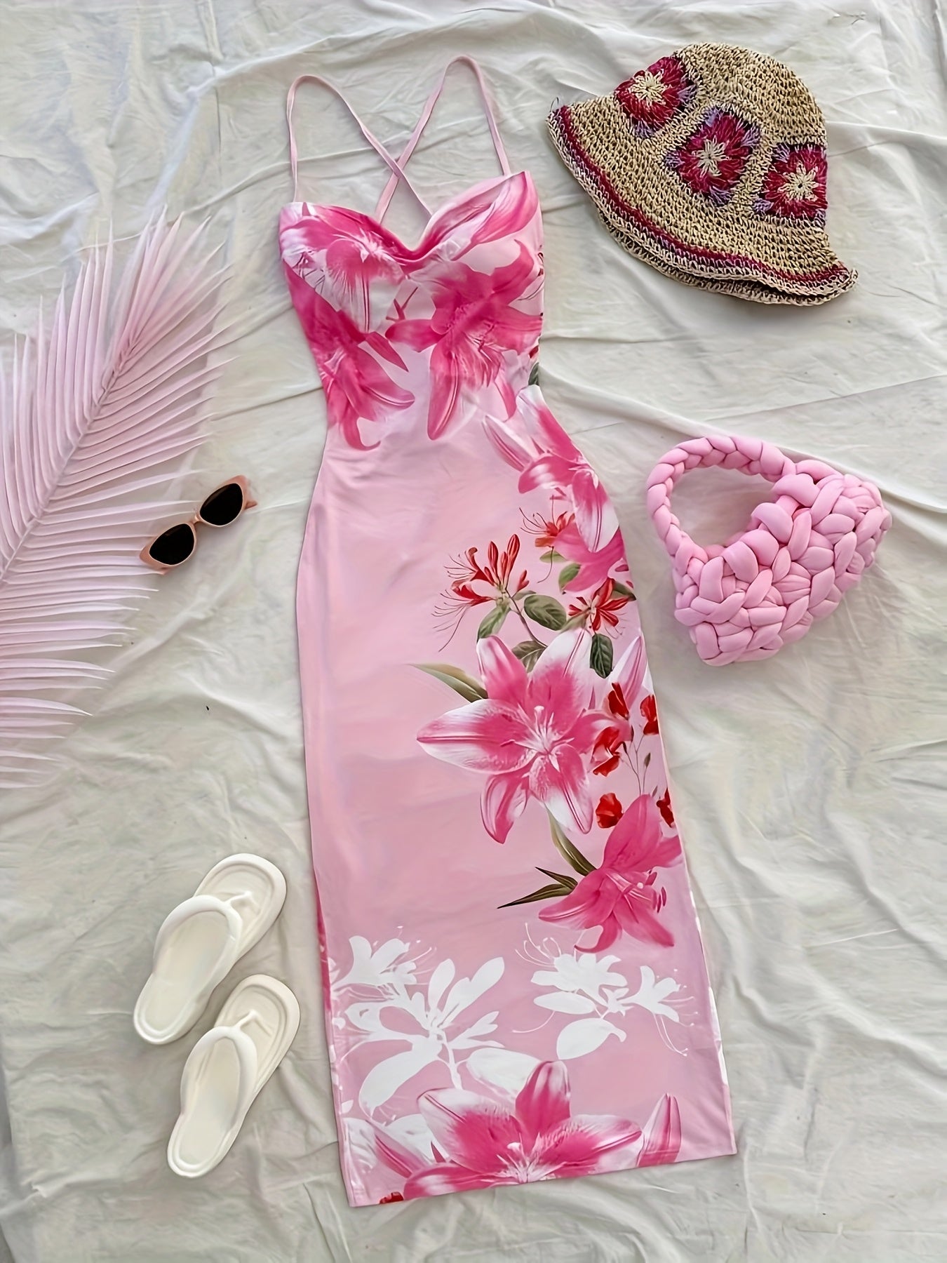 Women's Elegant Floral Print Backless Bodycon Midi Dress - Pink Vacation Style with Strappy Design, Perfect for Summer Getaways, Summer Vacation Dress | Floral Midi Dress | Sophisticated Style, Cute Summer Dresses