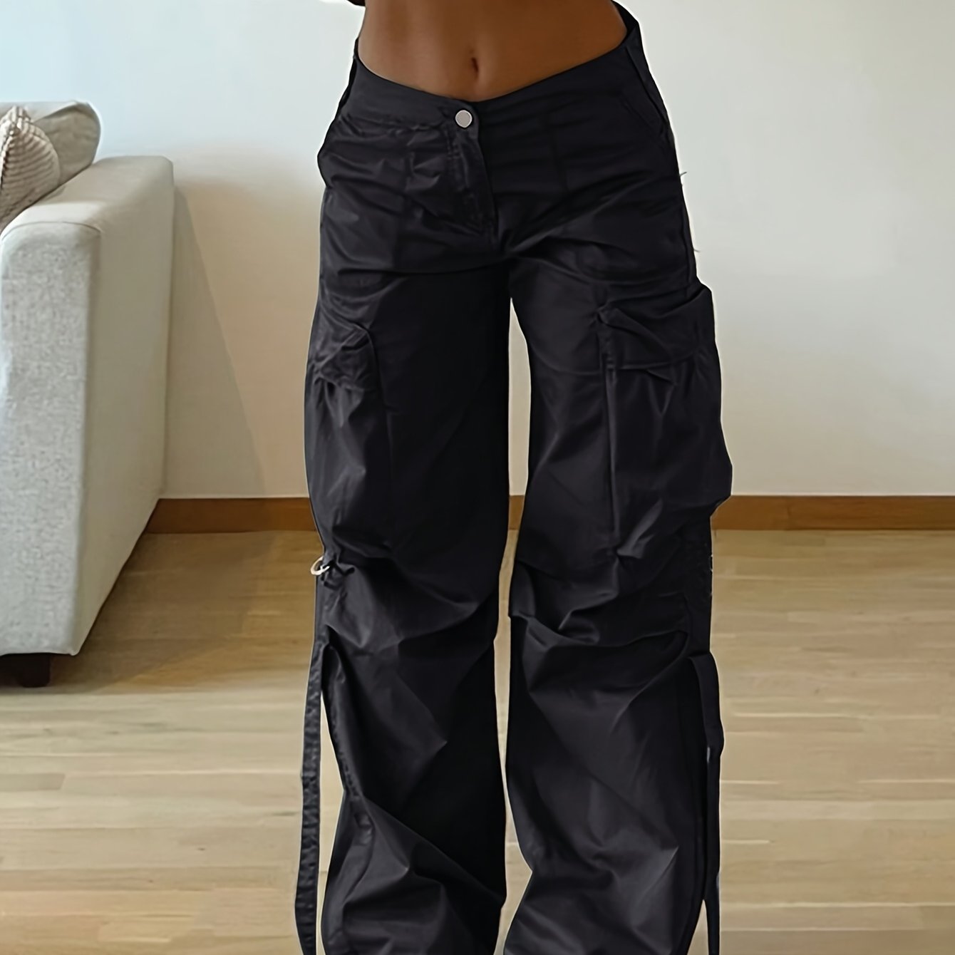 Women'S High-Waisted Loose Fit Cargo Pants - Y2K Inspired, 100% Polyester, Street Style with Flap Pockets & Tie Detail, Wide Leg Umbrella Design for Casual Wear, Perfect for All Season