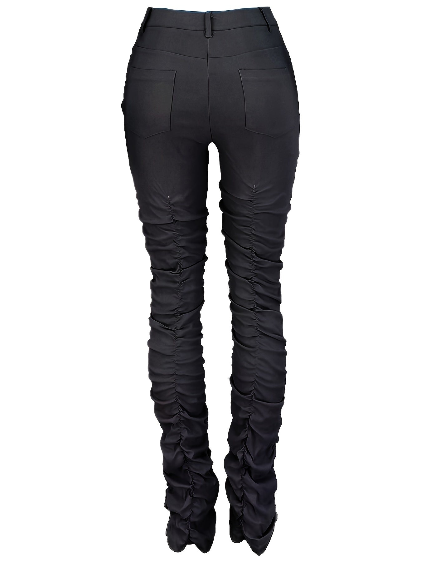 Solid High Waist Long Length Pants, Casual Stretchy Pleated All Seasons Pants, Women's Clothing