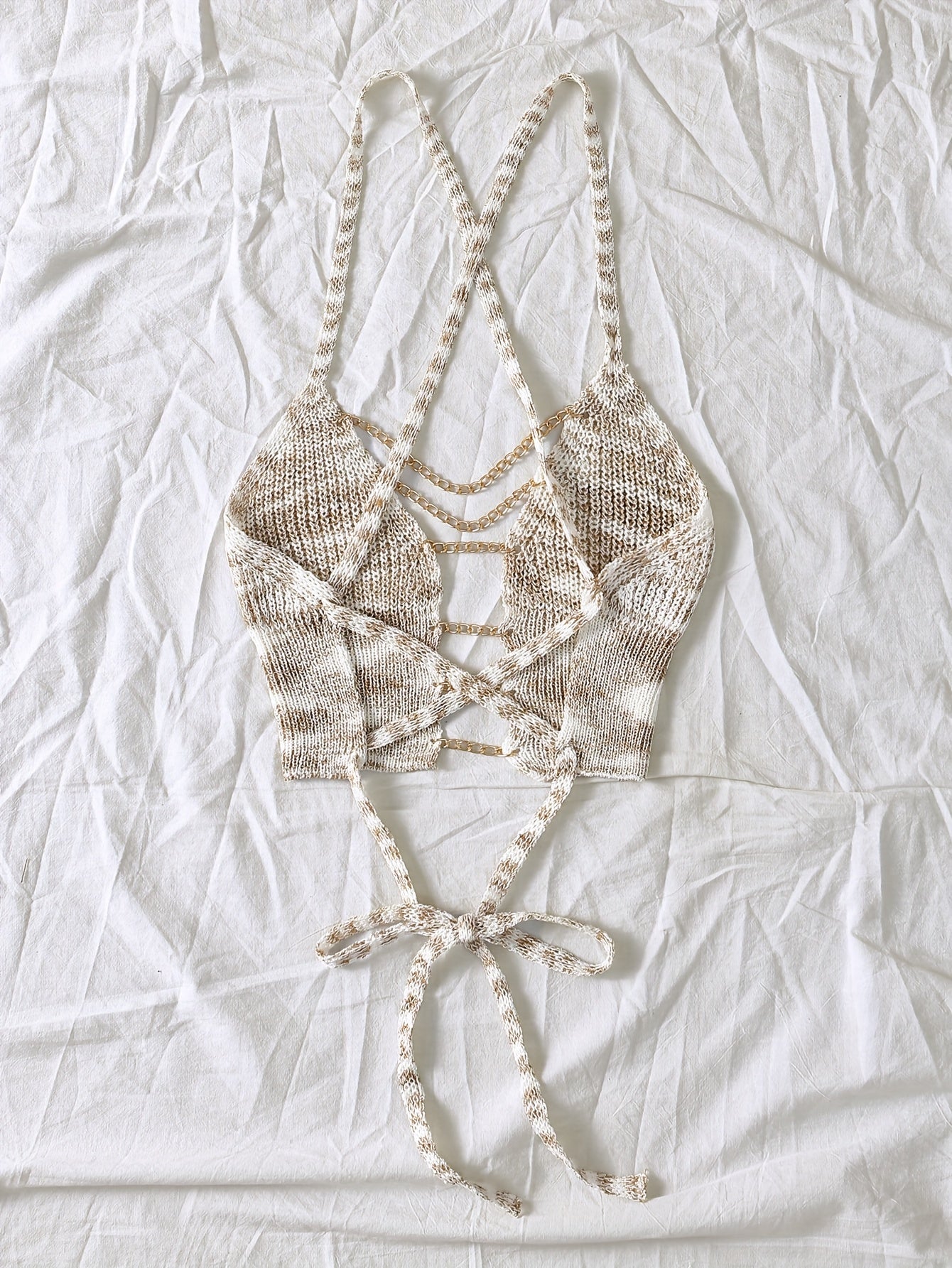 Sexy Gradient Knit Cami Top with Golden Chain Detail - V-Neck, Sleeveless, Stretch Fabric, Light Blue to White Ombre Design for Women - Perfect for Spring/Summer/Fall