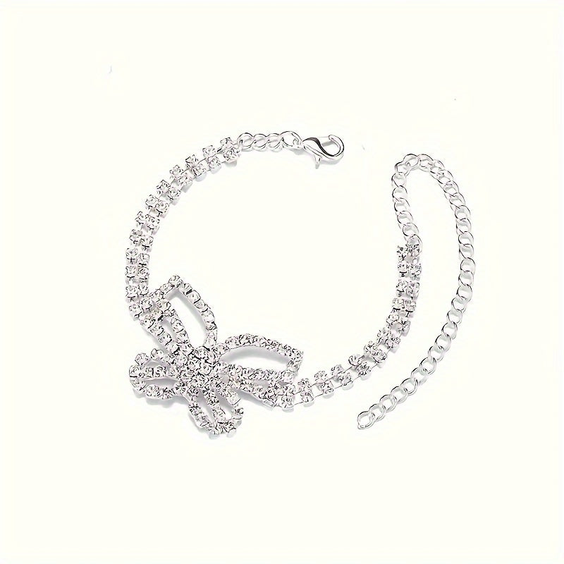 2 Pieces Of Butterfly Rhinestone Decorative Bracelet+anklet Set, Sparkling Hollow Butterfly Pendant Bracelet And Anklet Set, Suitable For Women's Party Engagement And Decoration