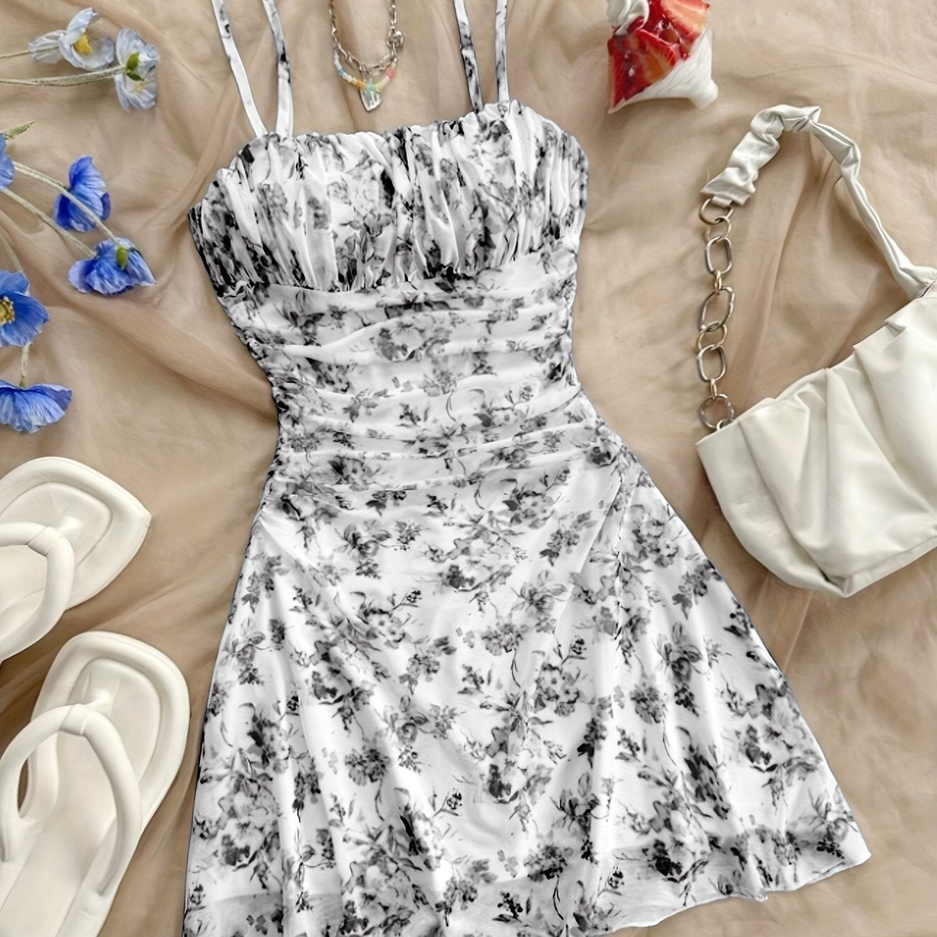Women's New Floral Print Halter Dress Fashionable Elegant Suitable for All Seasons