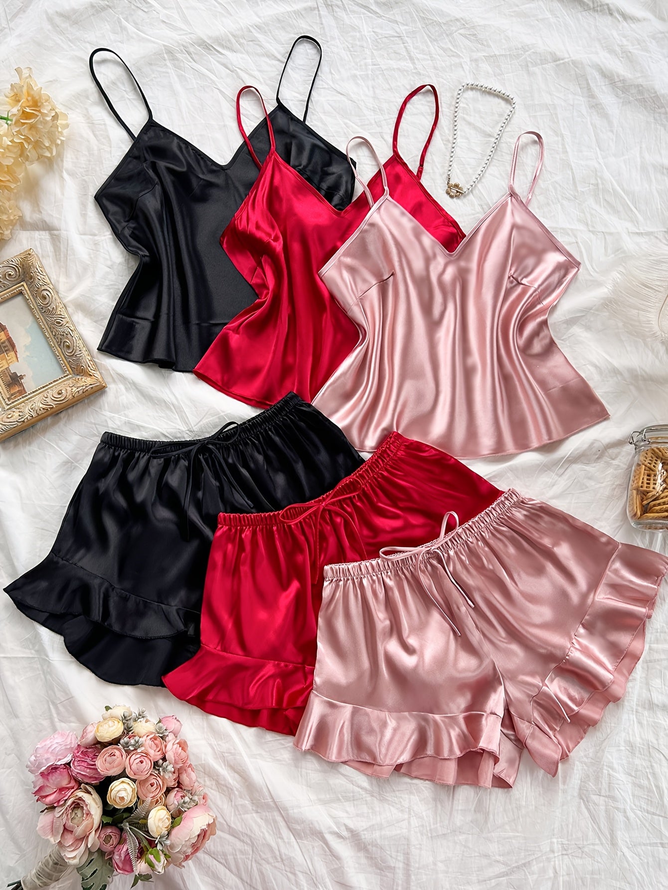 6pcs Set of Stylish And Sexy V-Neck Camisole And Ruffled Shorts Made of Faux Silky, Perfect for Casual And Comfortable Wear in All Seasons.