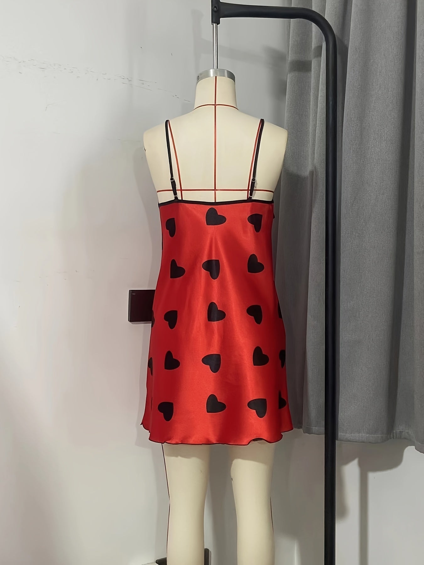 Sexy Heart Print Lace Trim V Neck Backless Slip Nightdress - Micro Elastic Polyester Sleep Mini Dress for Women - Machine Washable, All-Season, Random Printing, Woven