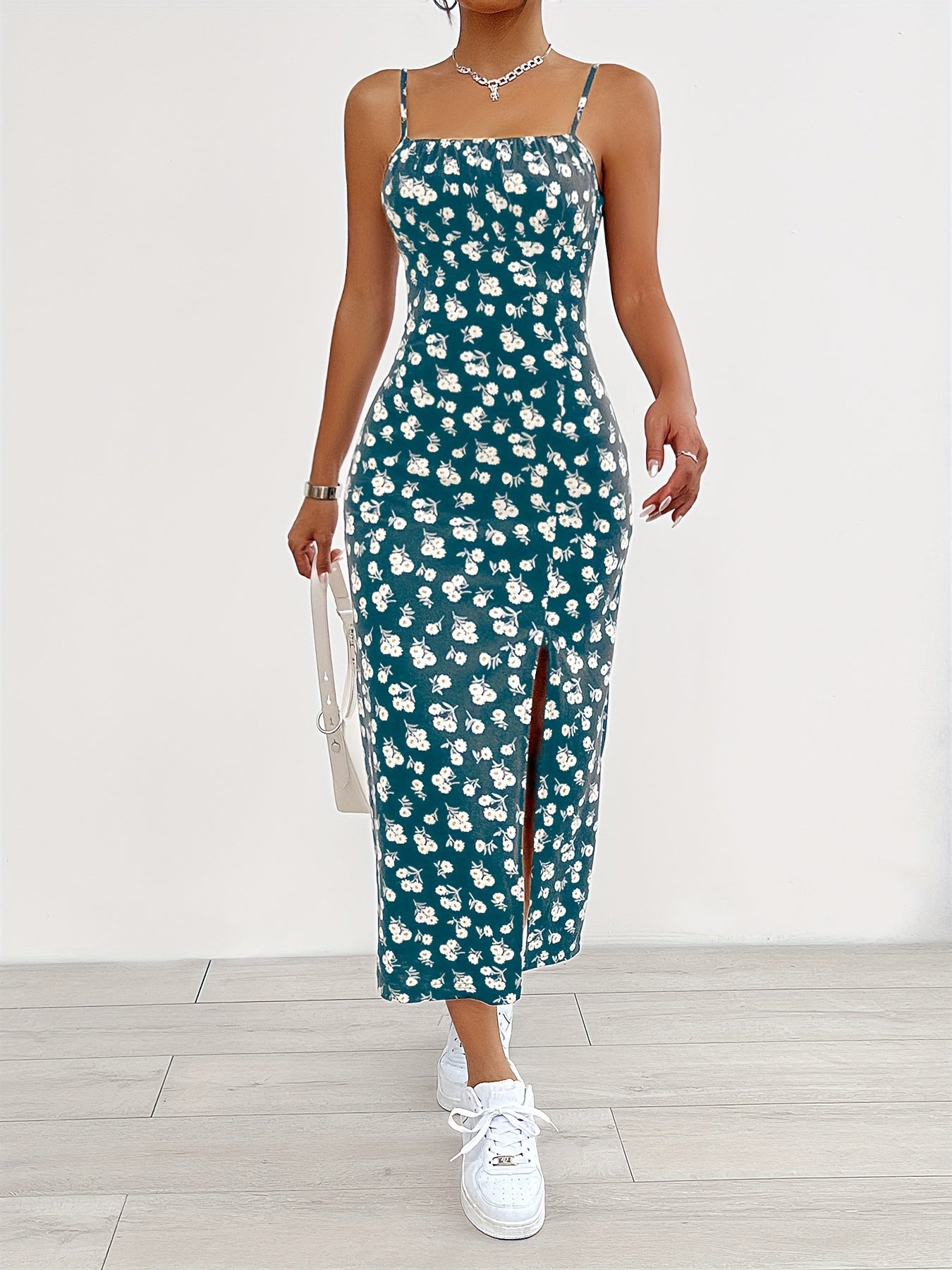 Floral Print Split Hem Cami Dress - Elegant Sleeveless Spaghetti Strap Dress For Spring & Summer - Women's Clothing - For Women - Perfect for Casual & Party Occasions - Ideal Gift for Her