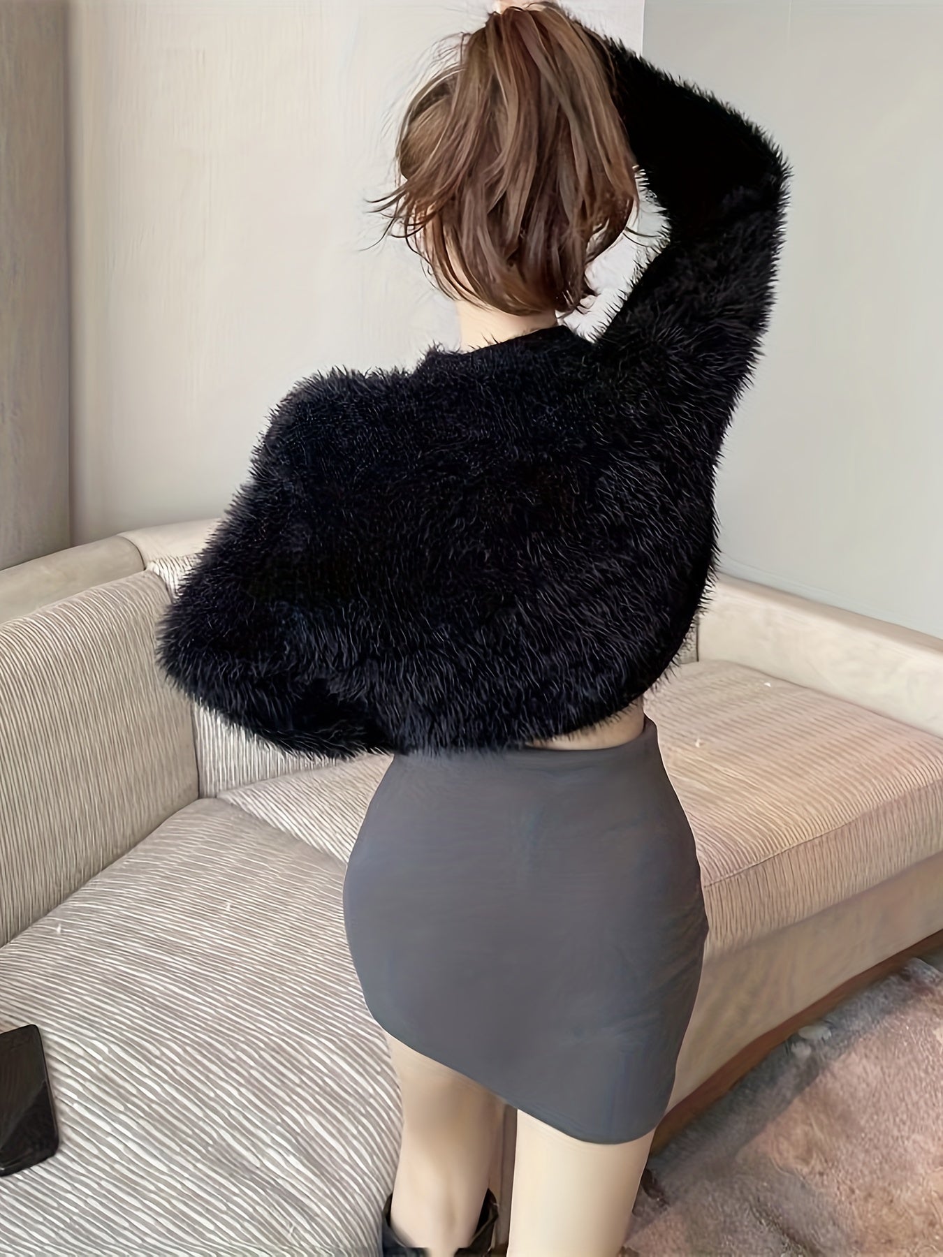 Faux Fur Crew Neck Sweater, Elegant Long Sleeve Sweater For Fall & Winter, Women's Clothing