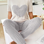 Women's Heart & Letter Print Ribbed Casual Pajama Set, Short Sleeve Round Neck Top & Joggers, Comfortable Relaxed Fit, Summer Nightwear