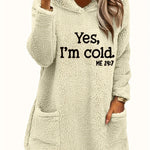 Women's "Yes I'm Cold" Printed Teddy Bear Hooded Sweatshirt - 100% Polyester Relaxed Fit Long Sleeve Pullover with Double Pockets, Cozy Fleece-Lined Casual Winter Top for Fall & Winter