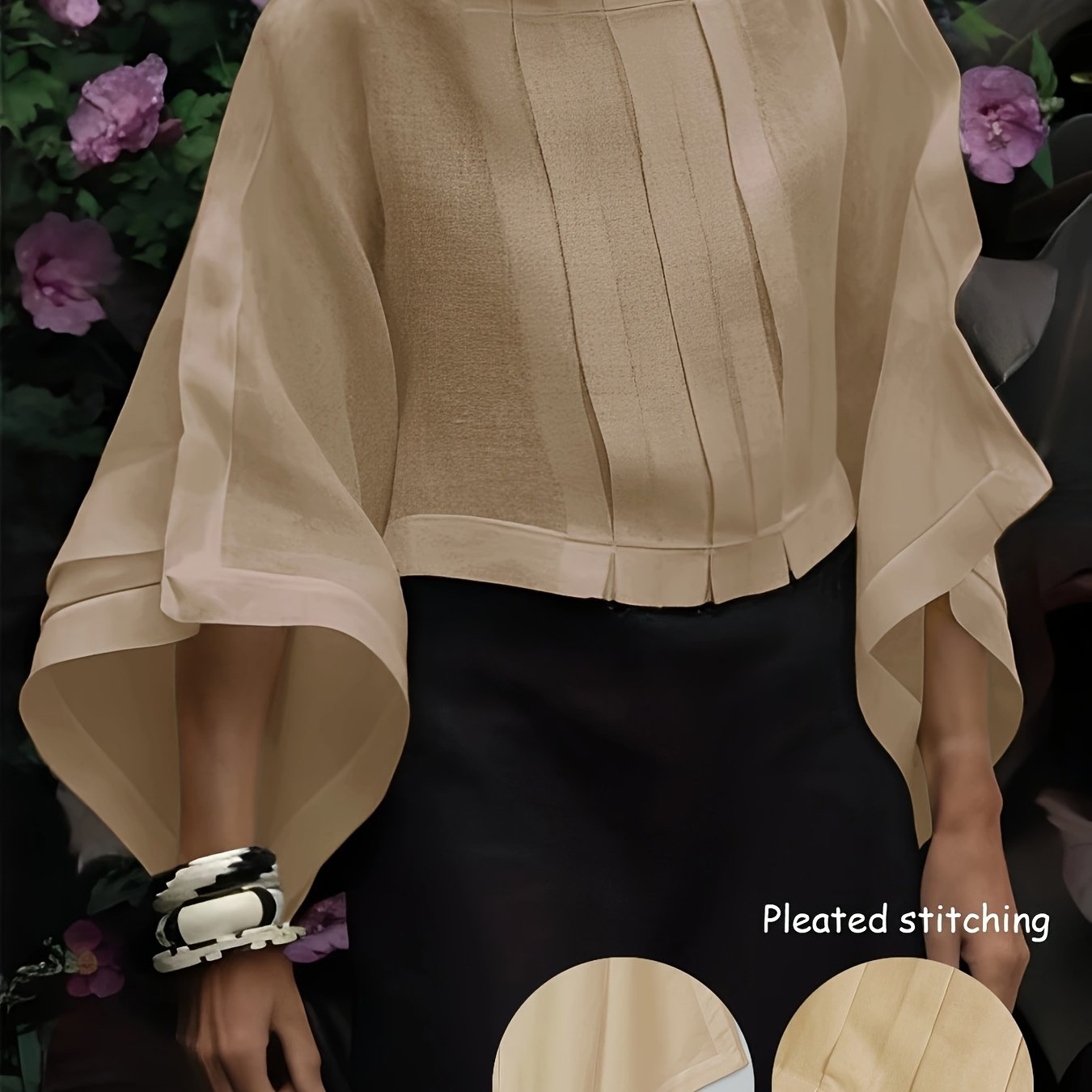 Elegant Polyester Blend 3/4 Sleeve Shirt for Women - Loose Fit Boat Neck Solid Color Woven Shirting with Pleated Detail, All-Season Versatile Top