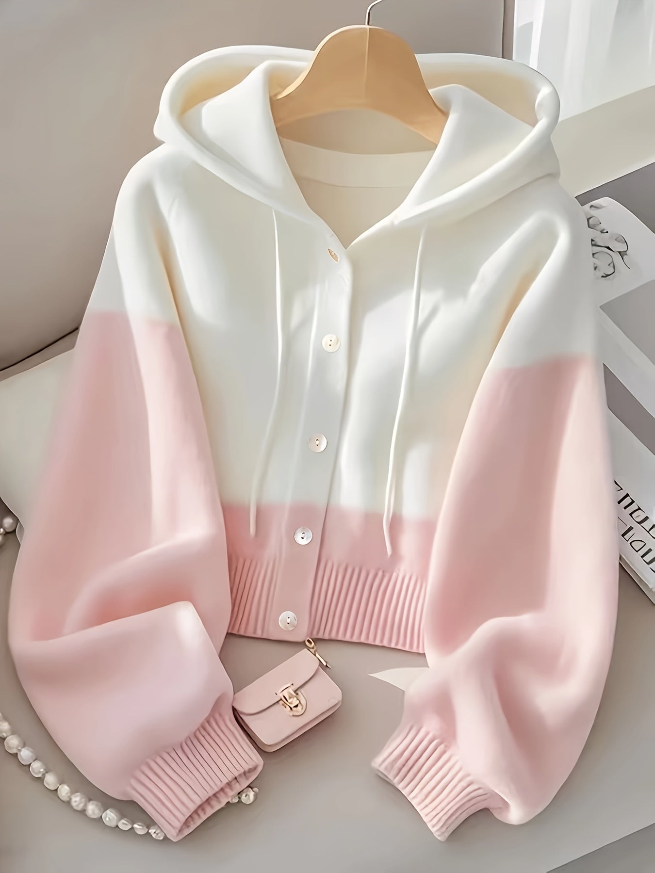 Korean Style Pink Spliced Hooded Sweater for Women, New Spring/Autumn Loose Long-Sleeve Top with Lazy Look