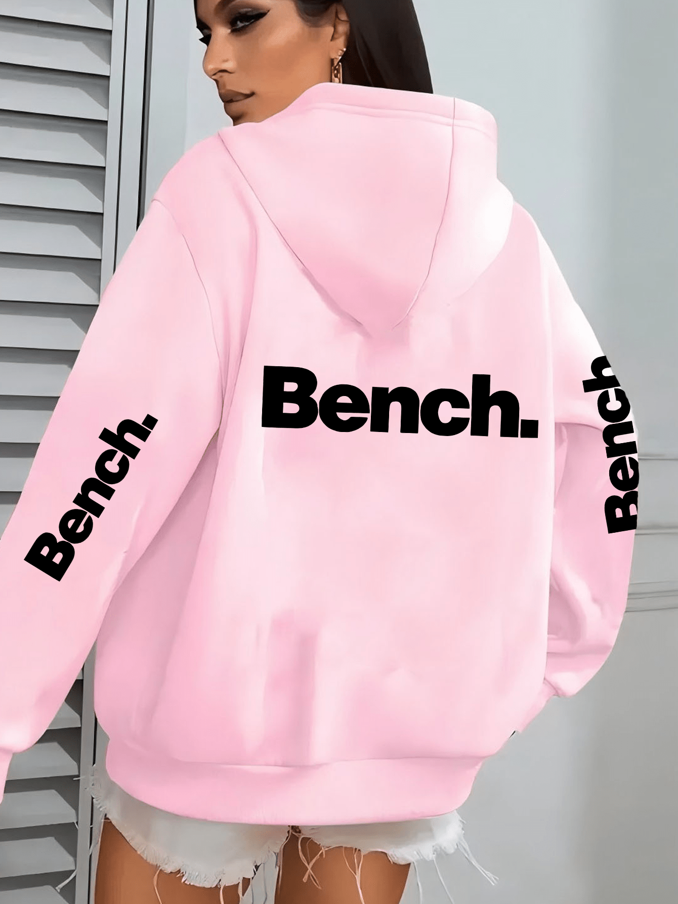 Women's Casual Hooded Jacket with Bold "Bench" Letter Print, Kangaroo Pocket & Zipper Collar - Machine-Washable Polyester, All-Season Versatile Outerwear, Perfect Gift for Her, Lightweight Layering, Urban Fashion, Quality Sti