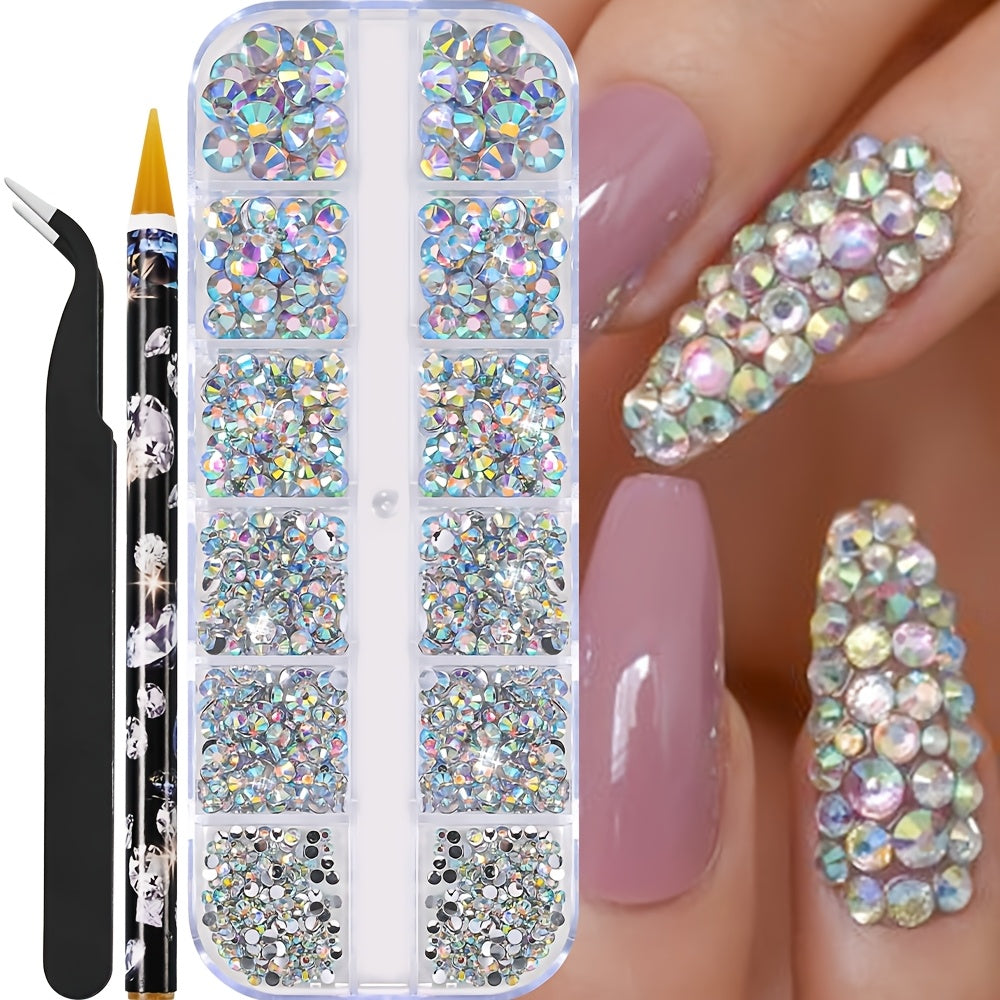 Multi-Size Flatback AB Nail Art Rhinestones Kit – Crystal Pearls & Gemstones for DIY Nails, Shoes, Clothes, Makeup & Bags – Includes Tweezer & Pen (SS4–SS16)