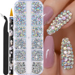 Multi-Size Flatback AB Nail Art Rhinestones Kit – Crystal Pearls & Gemstones for DIY Nails, Shoes, Clothes, Makeup & Bags – Includes Tweezer & Pen (SS4–SS16)