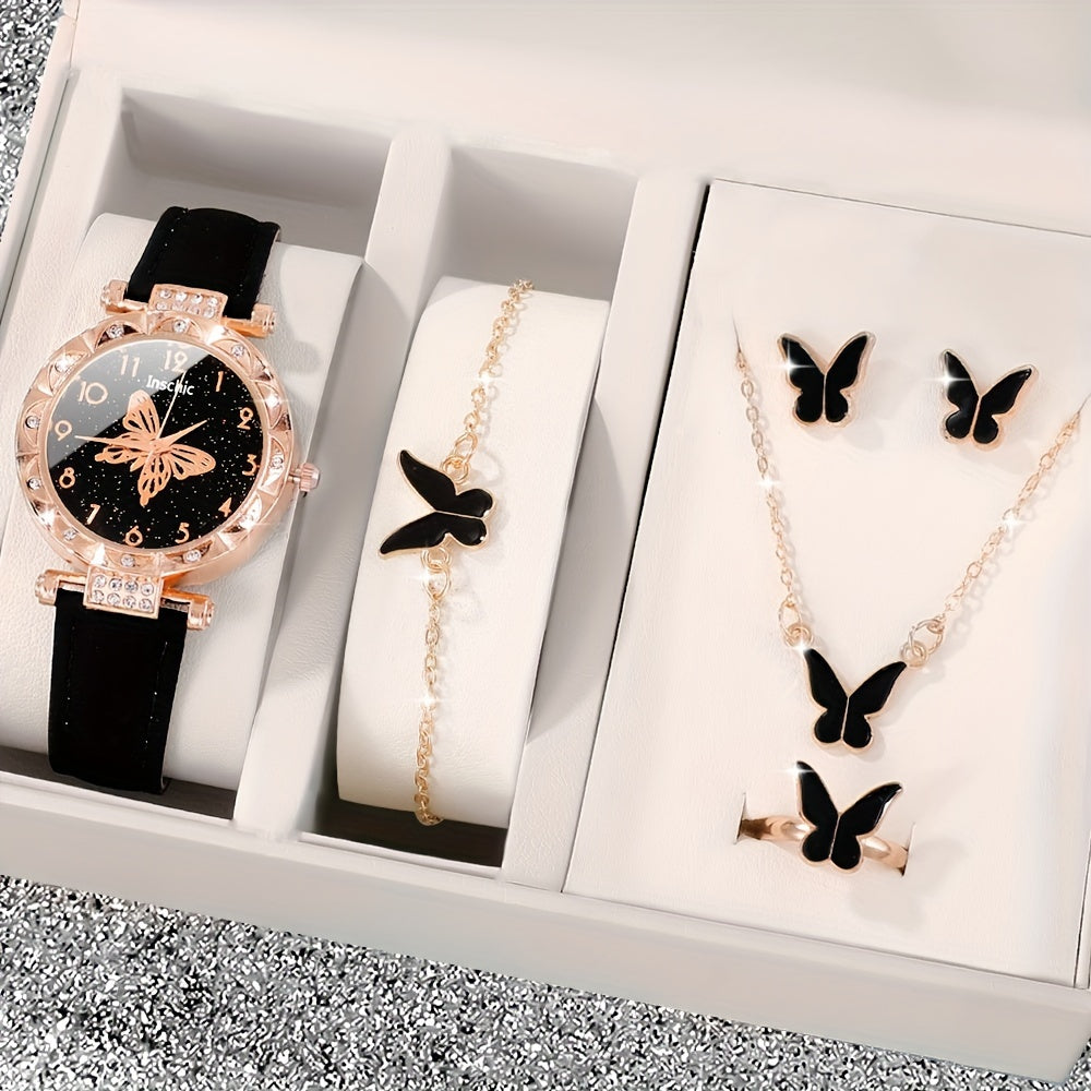 6pcs/set Black Round Quartz Watch PU Leather Strap Zinc Alloy Pointer Zinc Alloy Case And Butterfly Charm Bracelet Necklace Earrings Ring Gift For Women, Valentine's Day, Eid Al-Adha, Birthday, Friendship