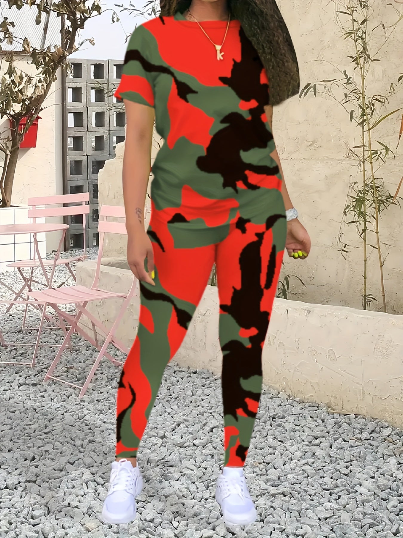 Camo Print Two-piece Set, Casual Crew Neck T-shirt & Skinny Pants Outfits, Women's Clothing