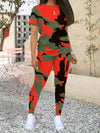 Camo Print Two-piece Set, Casual Crew Neck T-shirt & Skinny Pants Outfits, Women's Clothing
