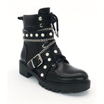 Women's Solid Color Trendy Boots, Side Zipper Comfy Platform Chain & Buckle Belt Decor Boots, Winter Gothic Round Toe Boots