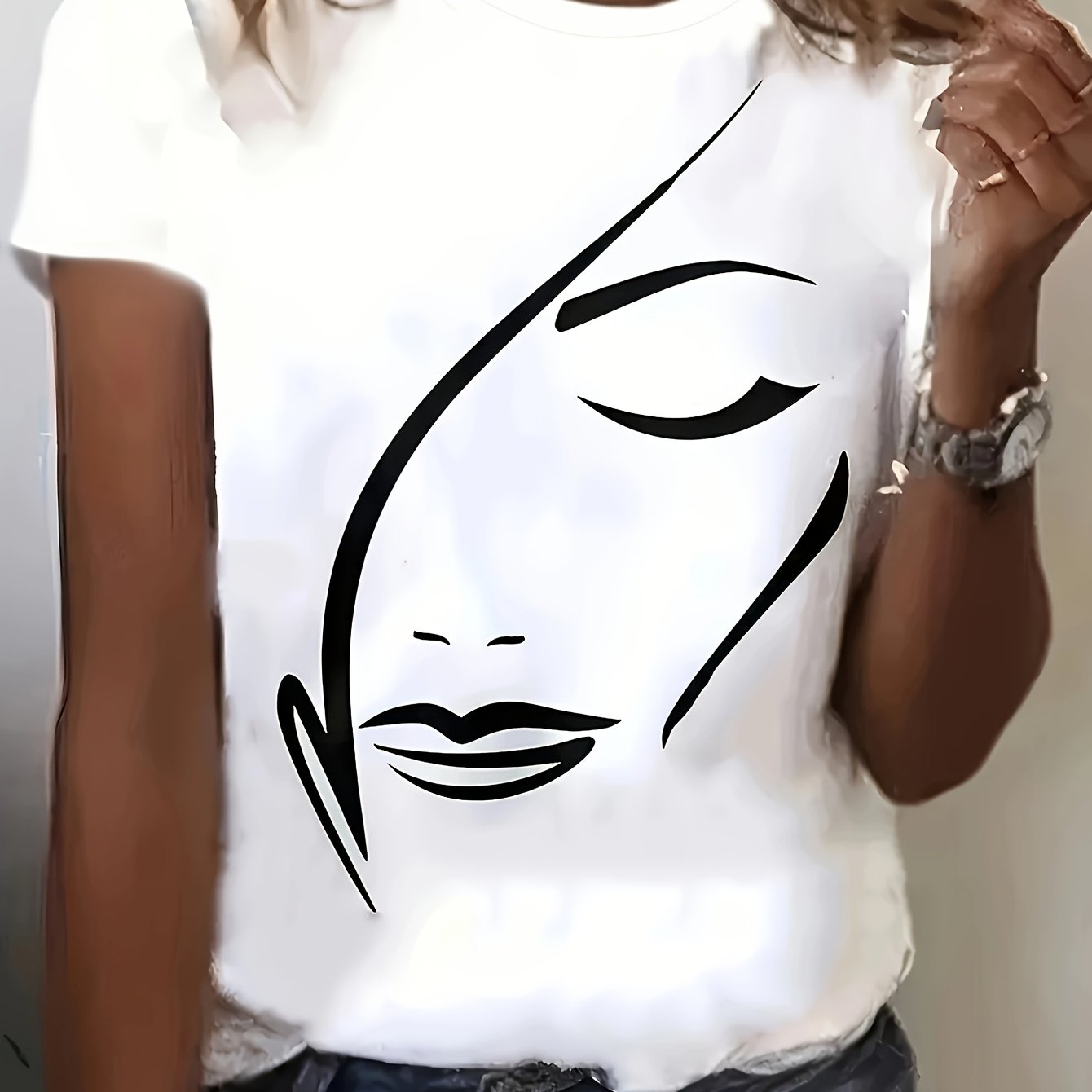 Women's Anime Face Graphic Cotton T-Shirt - Soft Breathable Round Neck Short Sleeve, Loose Fit Casual Top for Spring/Summer, Machine Washable Everyday & Party Wear, Everyday Tshirt | Artistic Print Shirt | Cotton