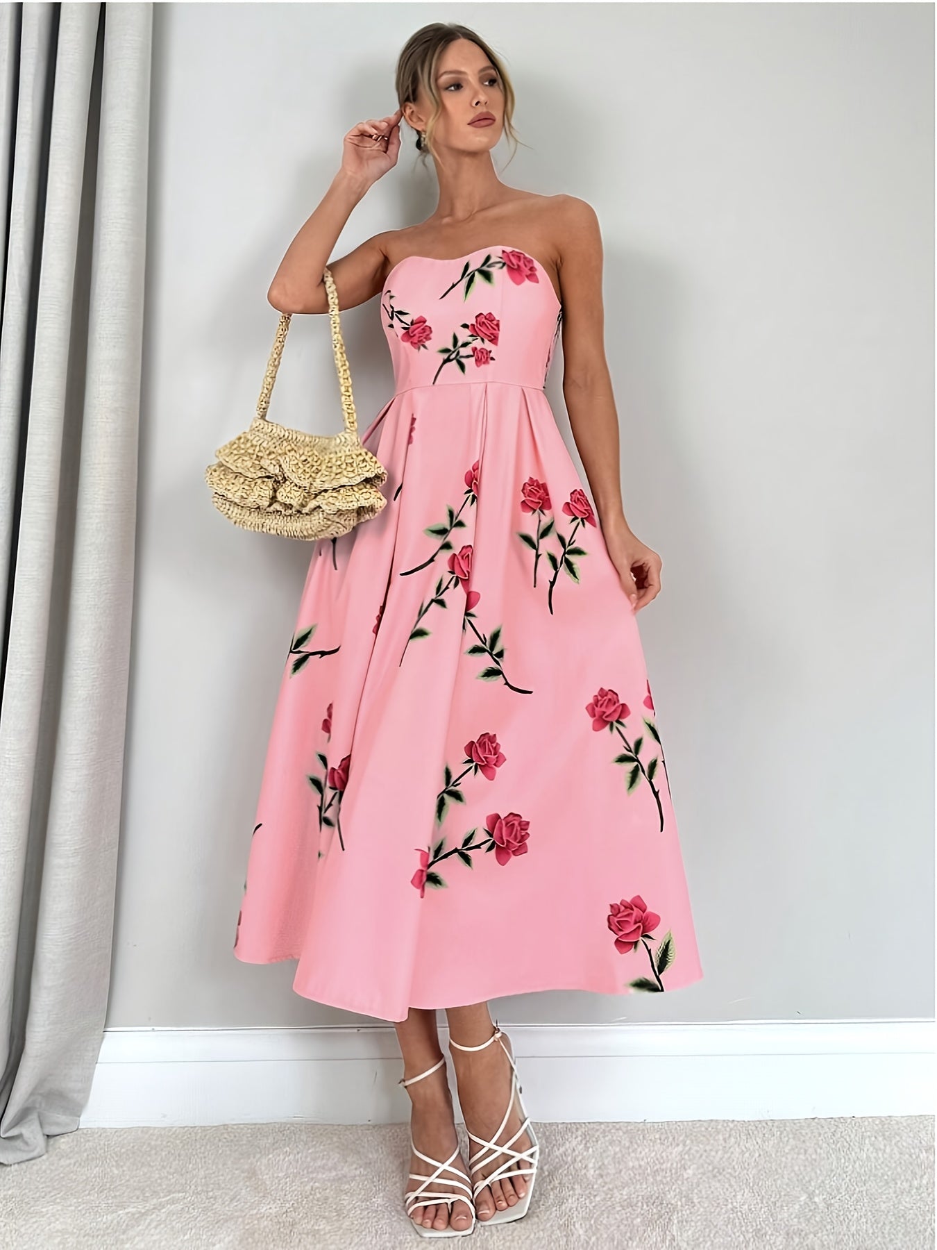 Women's Elegant Off-Shoulder A-Line Floral Print Rose Print Dress - Knee-Length with Ruffled Hem & Waist Tie, Machine Washable for Weddings, Parties, Graduations, Prom - Pink Floral Print Formal Evening Dress, Event Attire |