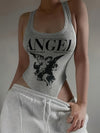 1pc Angel Print High Neck Long Sleeve Tank Top, 95% Polyester 5% Elastane Knit Fabric, Skinny Fit for Spring/Summer/Fall - Casual Solid Color