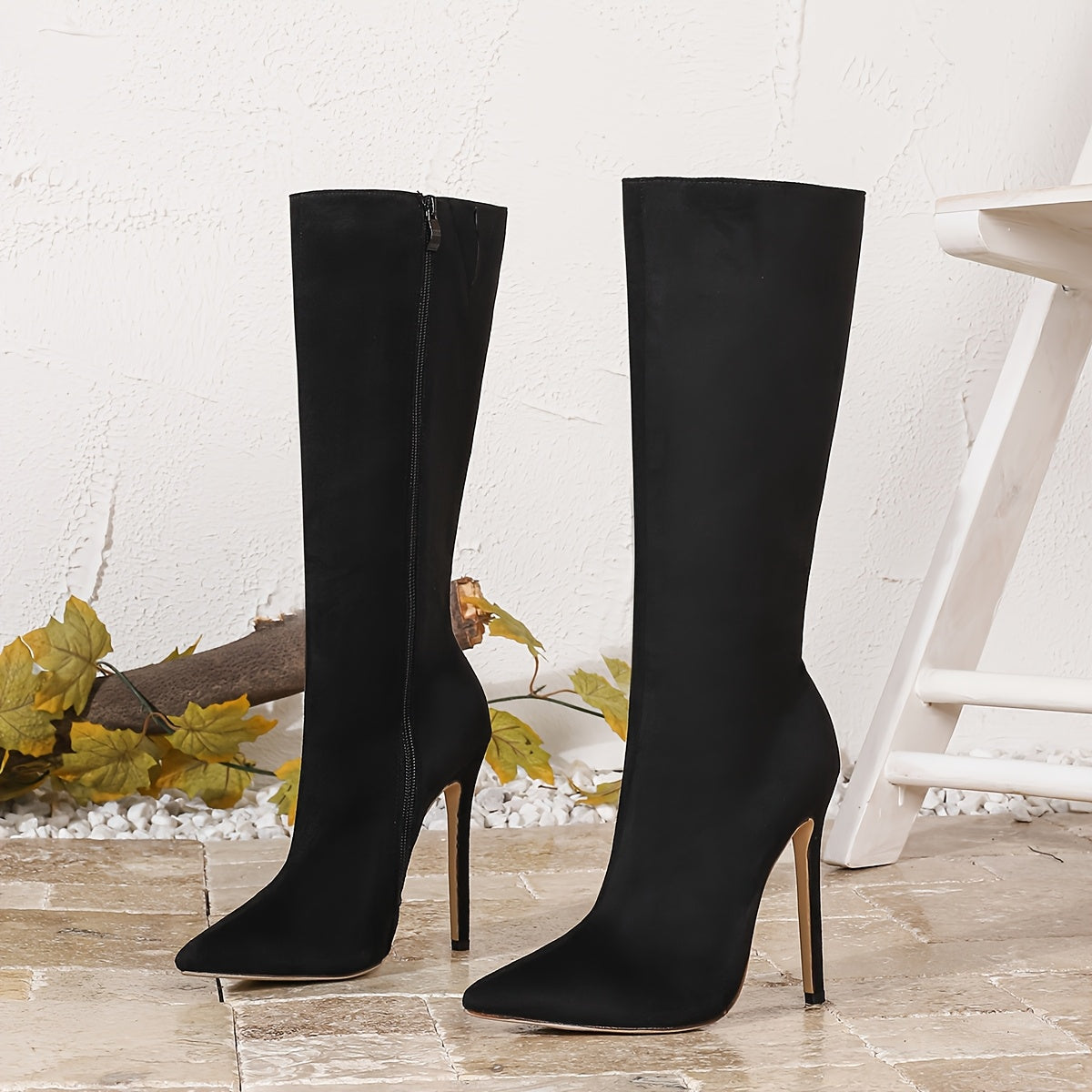 1pr Elegant Solid Color All-Season Comfort Boots - Women'S Knee-High Flannel Zipper Boots with Pointed Toe, Stiletto Heel, Fabric Insole & Rubber Sole - For Women - Suitable for Fall/Winter - Perfect for Parties & Casual Occa
