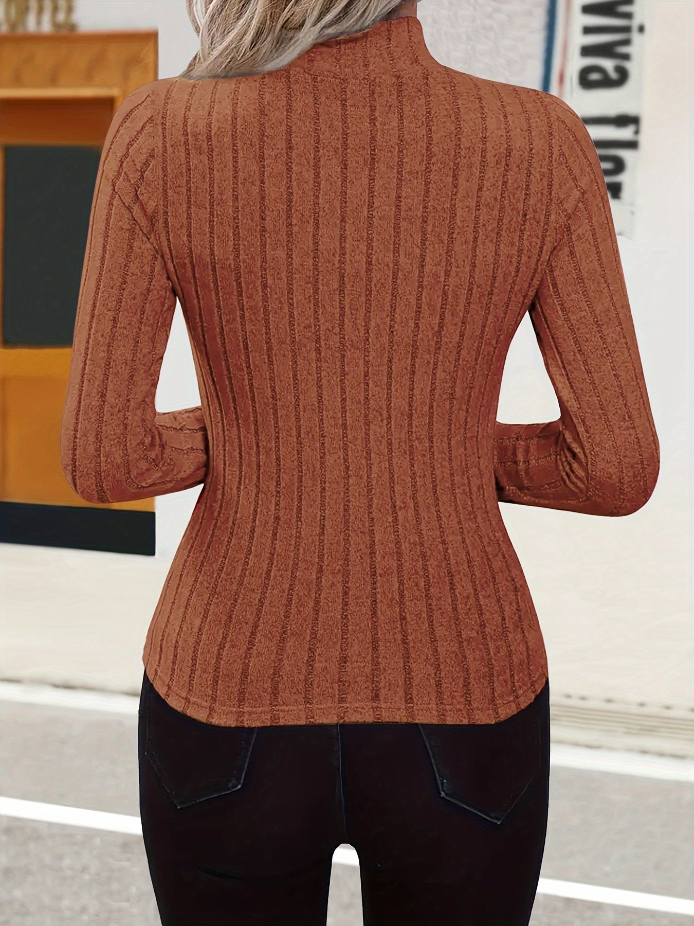 Solid Mock Neck Rib Knit Top, Elegant Long Sleeve Slim Versatile Sweater, Women's Clothing
