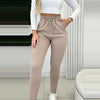 Women's Beige High-Waist Jogger Pants with Drawstring and Pockets - Casual, Stretchy Polyester Blend, Machine Washable