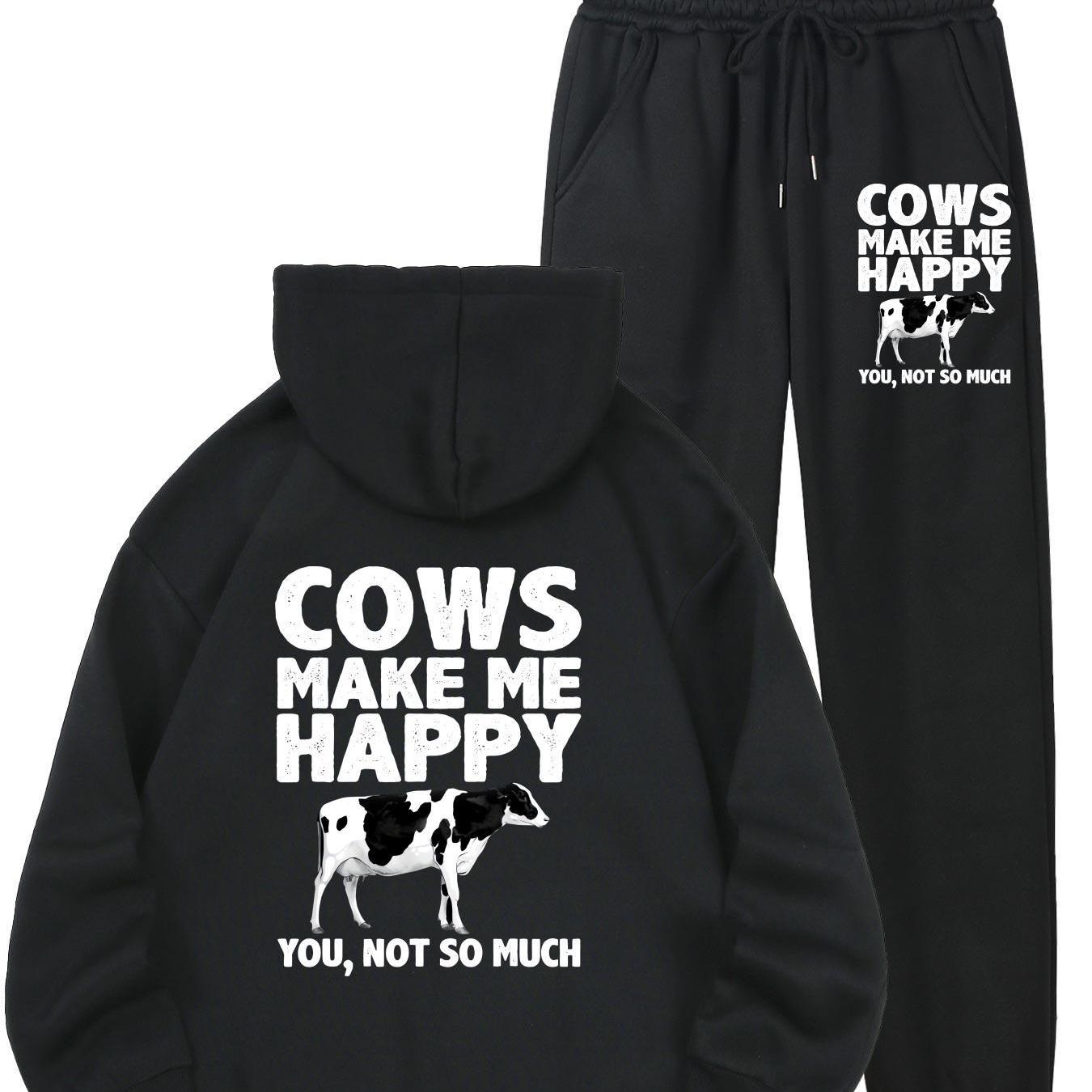 1set Women'S Casual Sportswear with Cow Print, Polyester 100% Long Sleeve Hoodie and Joggers Set, Crew Neck, All-Season Knit Fabric with Pockets