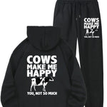 1set Women'S Casual Sportswear with Cow Print, Polyester 100% Long Sleeve Hoodie and Joggers Set, Crew Neck, All-Season Knit Fabric with Pockets