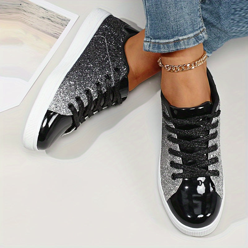 Women's Glitter Sneakers - Casual Athletic Flat Shoes, Fashionable Low Top Lace-up Fashion Skate Shoes - Plus Size - For Women - Suitable for Casual Wear, Sports & Parties - Perfect Gift for Fashionable Women
