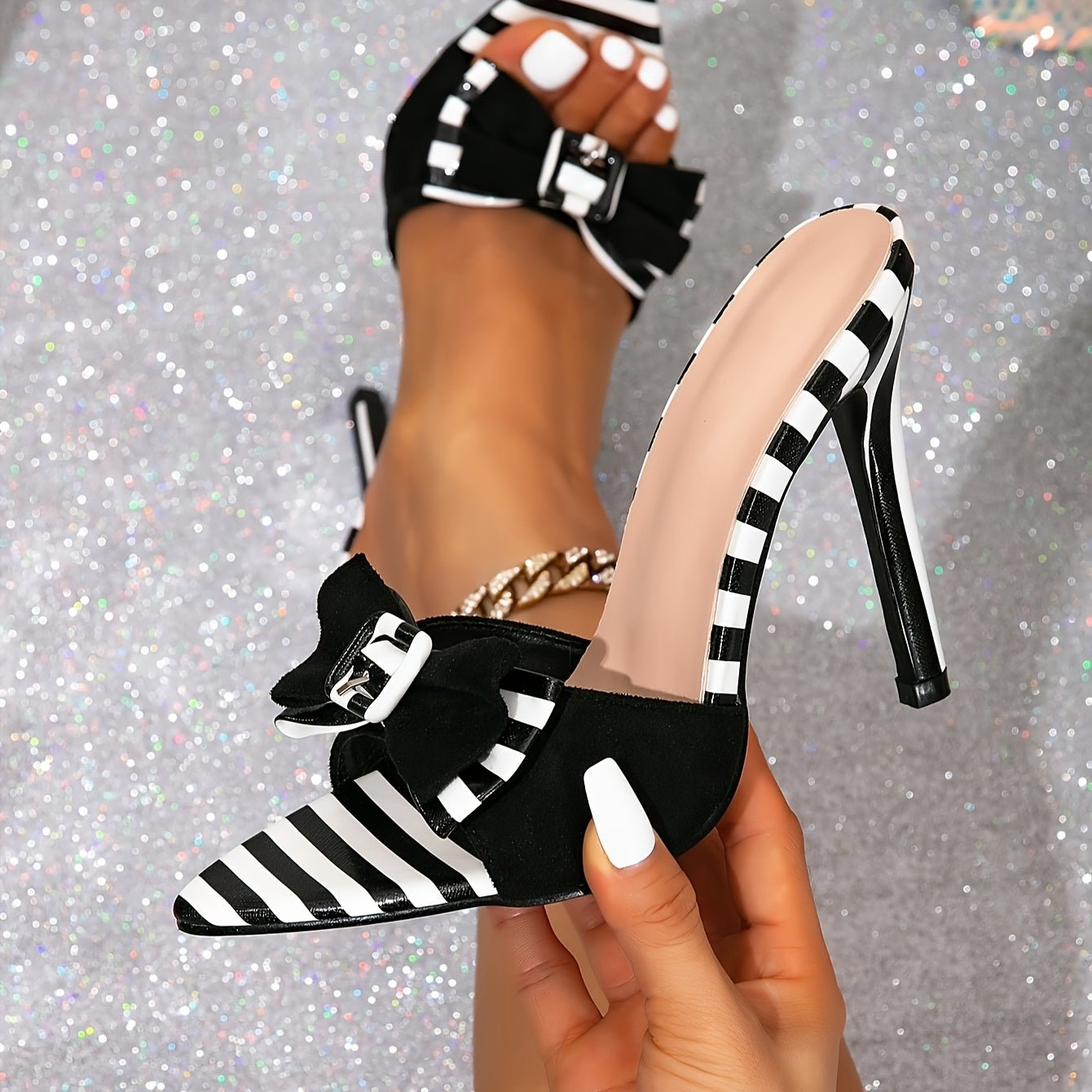 Women's Red & White Striped Bowknot High Heel Sandals - Pointed Toe, Slip-On Stiletto Heels with Fashion Strap, Elegant Summer Party Shoes, Dressy Sandals | Elegant Stilettoes | Rubber Sole Footwear