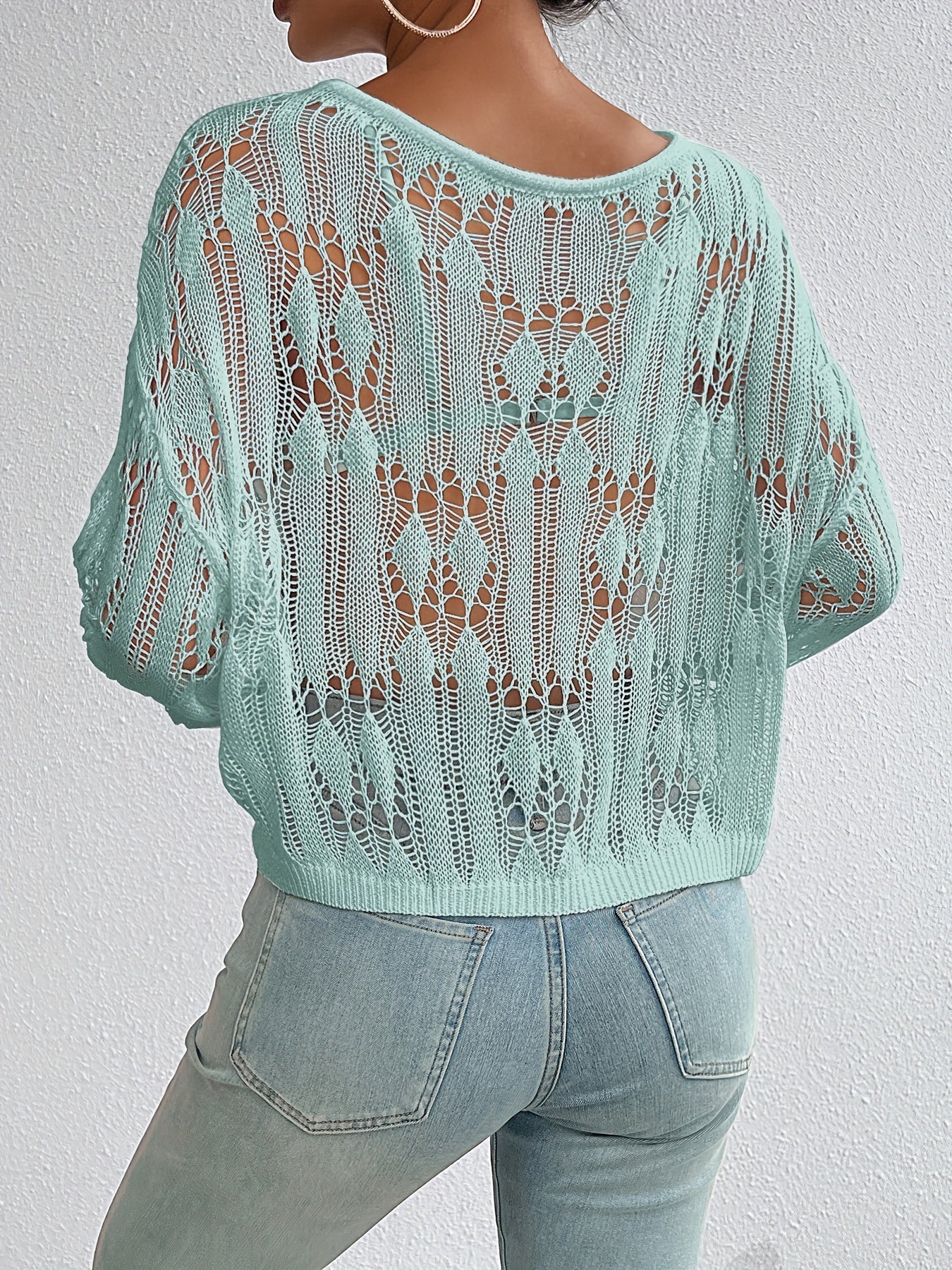 Versatile Women's Crew Neck Long Sleeve Loose Knit Sweater, Solid Hollow Out Top for Everyday Wear