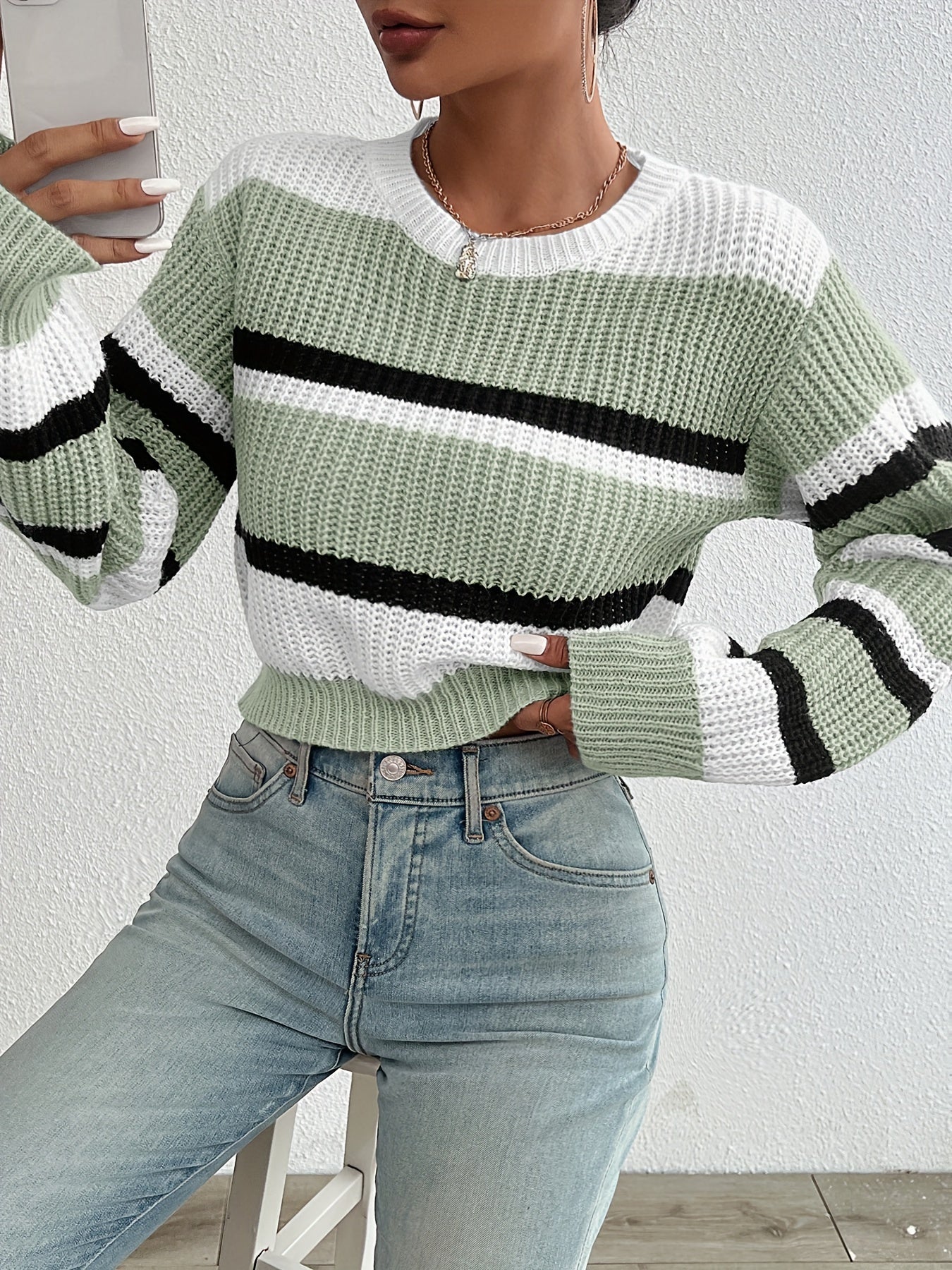 Casual Colorblock Knitted Crew Neck Sweater - Drop Shoulder Long Sleeve - Women's Clothing