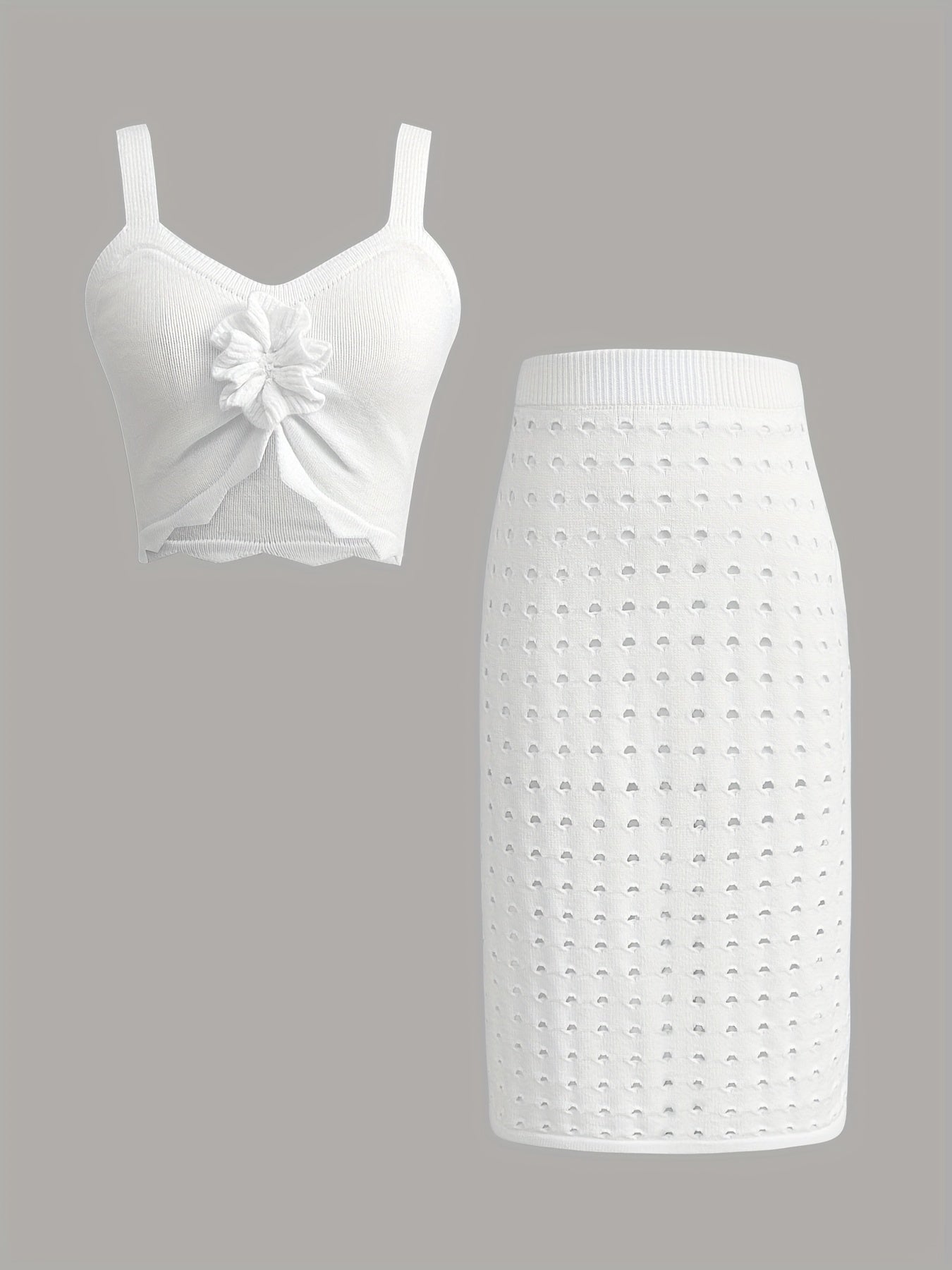 TJ3238 French Chic Lace Bralette & Skirt Set - White Knit, Ribbed, Perforated Two-Piece Ensemble with Floral Detail, Casual Style, Polyester Blend, Casual Attire|Chic TwoPiece Set|Polyester Blend