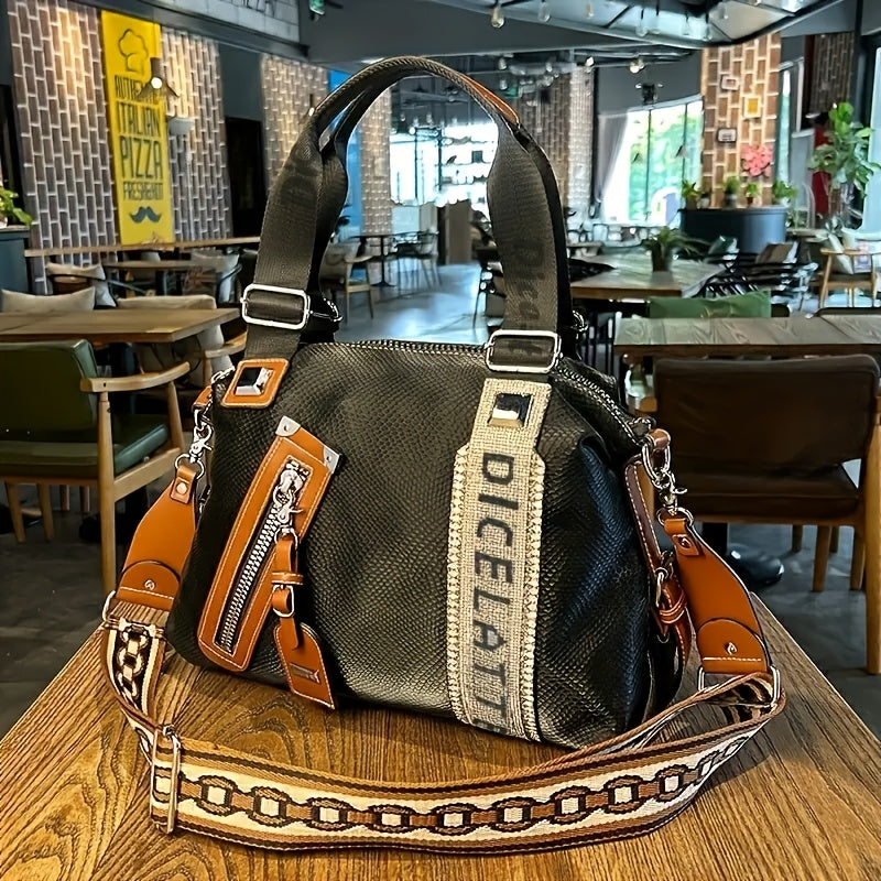 Elegant Retro Faux Leather Handbag for Women - Large Capacity Crossbody Bag with Adjustable Strap, Zip Closure, and Stylish Contrast Detailing in Black & White