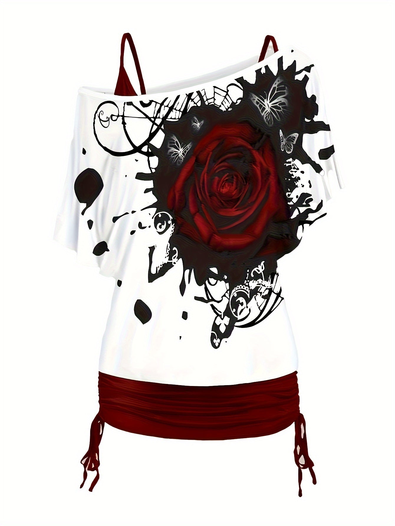 two-piece Y2K Floral Print Two-Piece Top Set: One-Shoulder Flutter Sleeve T-shirt & Skinny Cami Top Outfit